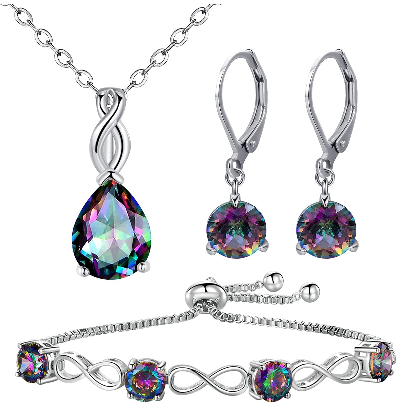 VOLUKA 18K White Gold Plated Rainbow CZ Jewelry Set Teardrop Necklace/Leverback Earrings/Adjustable Infinity Bracelet for Women Pack of 3
