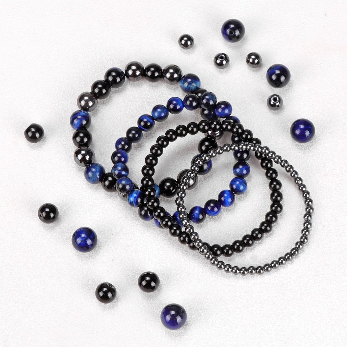 Vinswet 4pcs Natural Stone Beaded Bracelets for Women Men,Healing Crystal Gemstones Stretch Bracelet,4mm 6mm 8mm 10mm lapis lazuli Tiger Eye Black Obsidian Hematite Anxiety Stress Relief Bracelet Jewelry Gifts