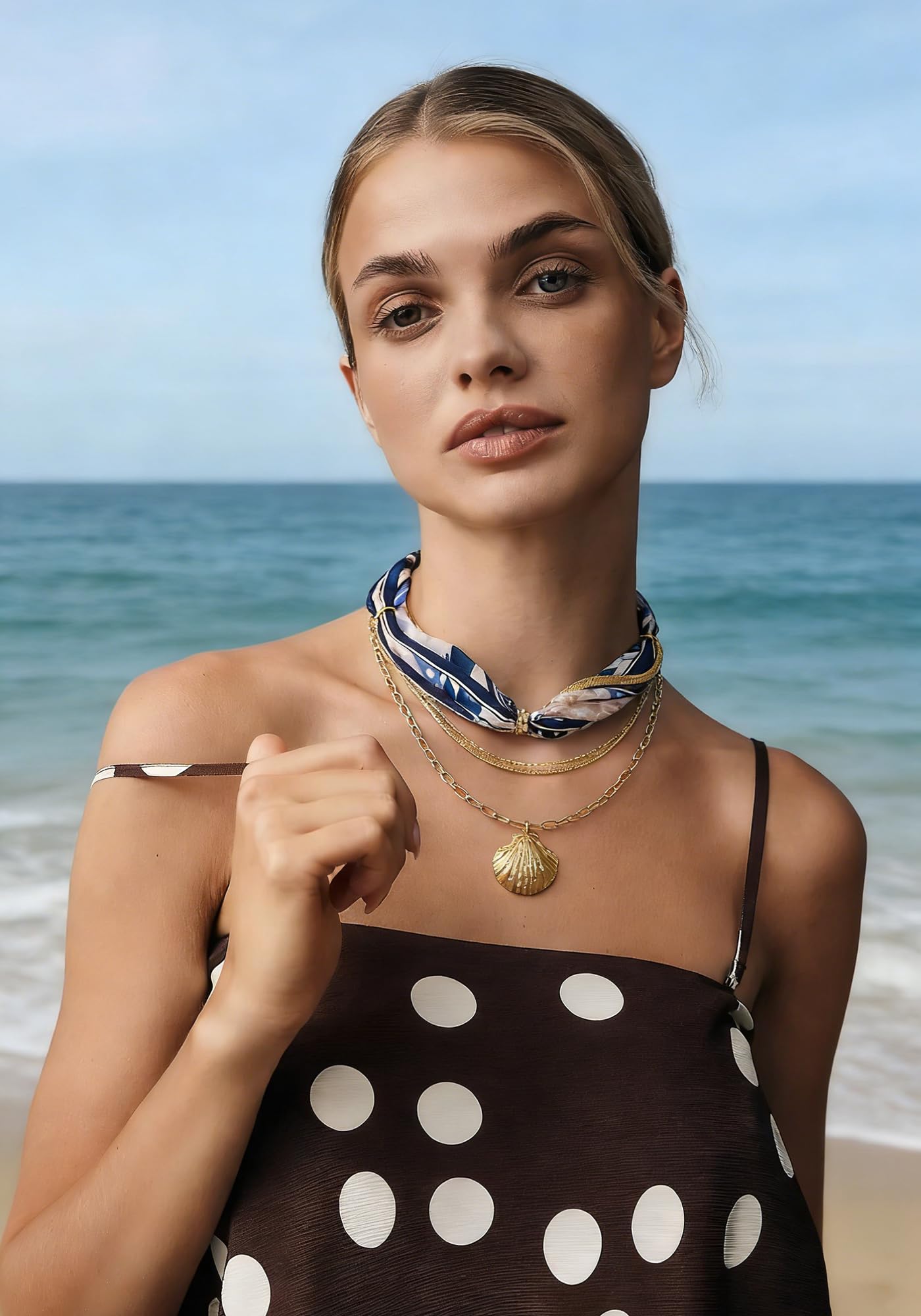ENSKEFEN Shell Necklaces for Women Multi-Layer Boho Scarf Necklace Sea Shell Pendant Necklace Summer Gold Necklace Fashion Beach Jewelry