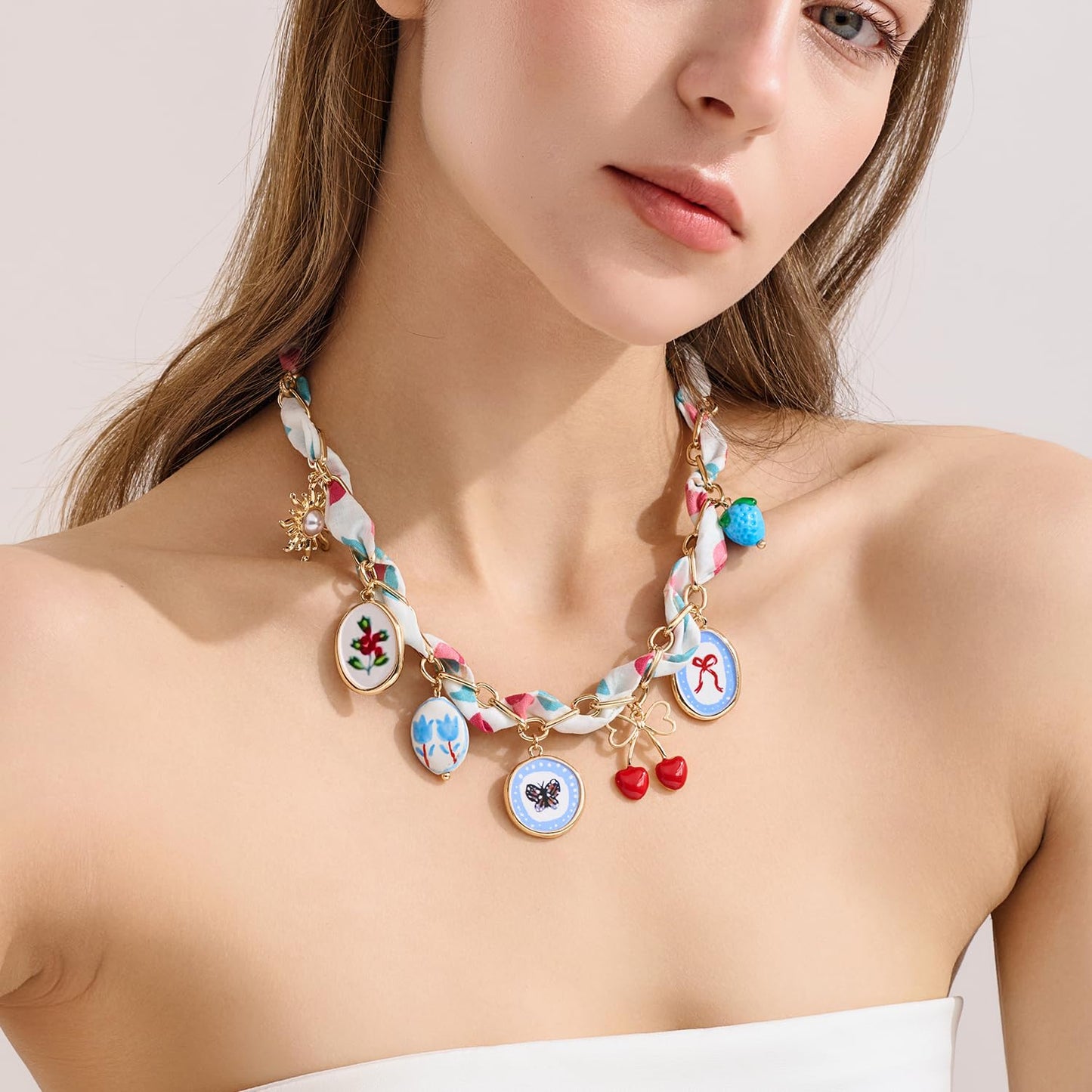 LILIE&WHITE Bandana Necklace for Women with Colorful Charms Necklaces Sun Bow Cherry Chic Beach Necklaces Cute beach Jewelry Gift