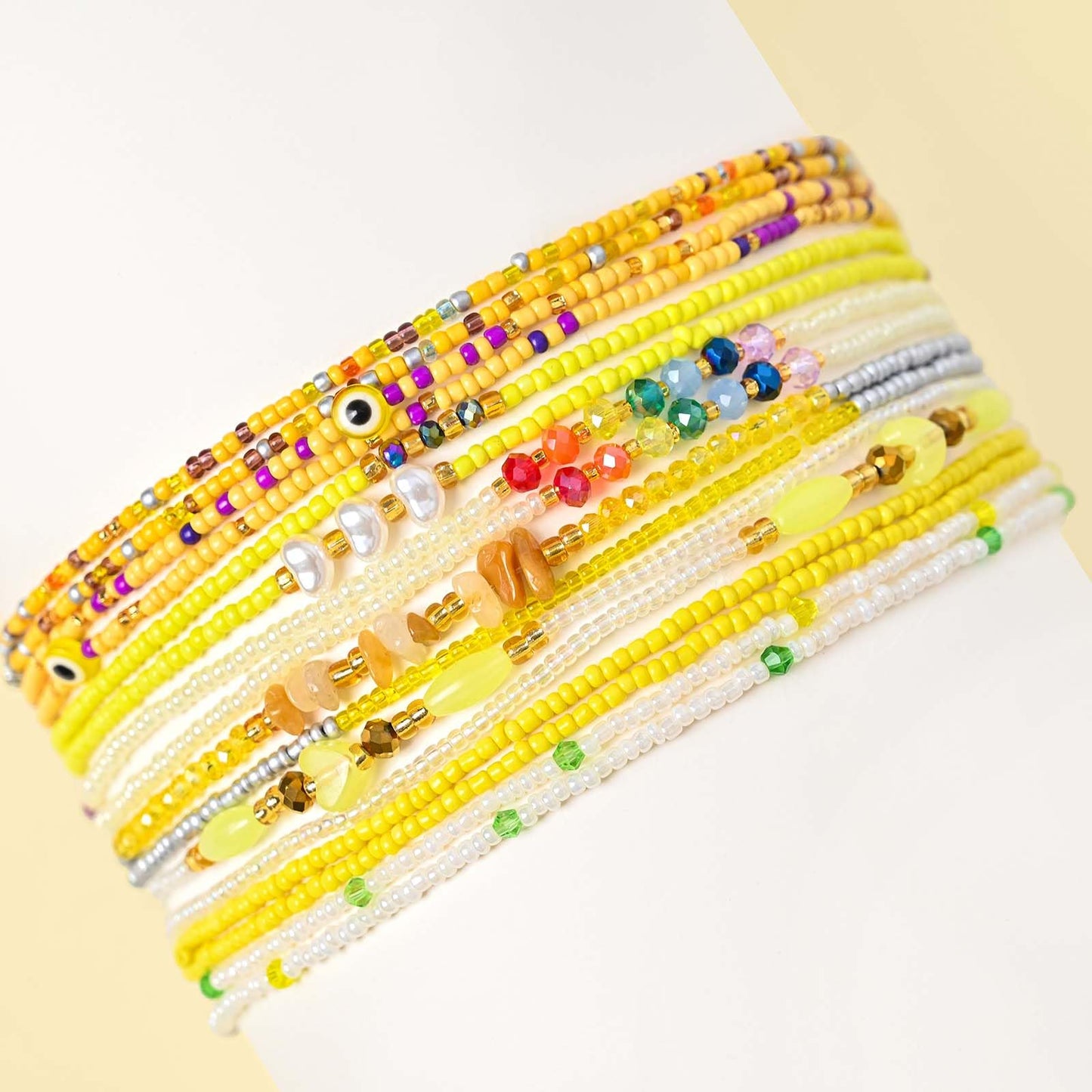 ELABEST Adjustable Handmade Waist Beads Stretchy 23-52 inch 8Pcs Chakra Body Belly Beaded Women Waist, Anklet, Bracelet, Necklace Jewelry with Screw clasp (Yellow, 31.5inch/80cm)