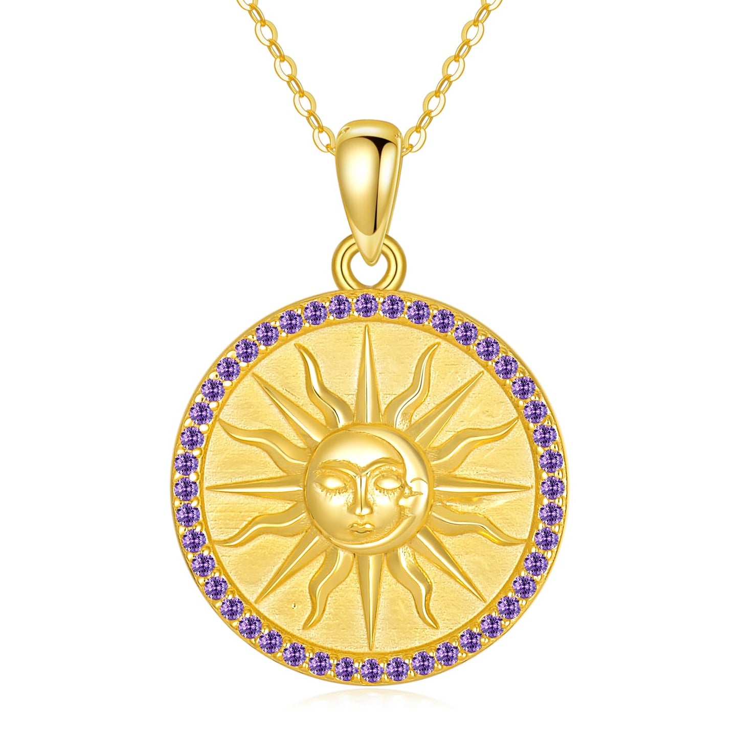 KQF Birthstone Sun Necklace for Women 925 Sterling Silver Sun and Moon Gold Plated Coin Pendant February Jewelry Gift