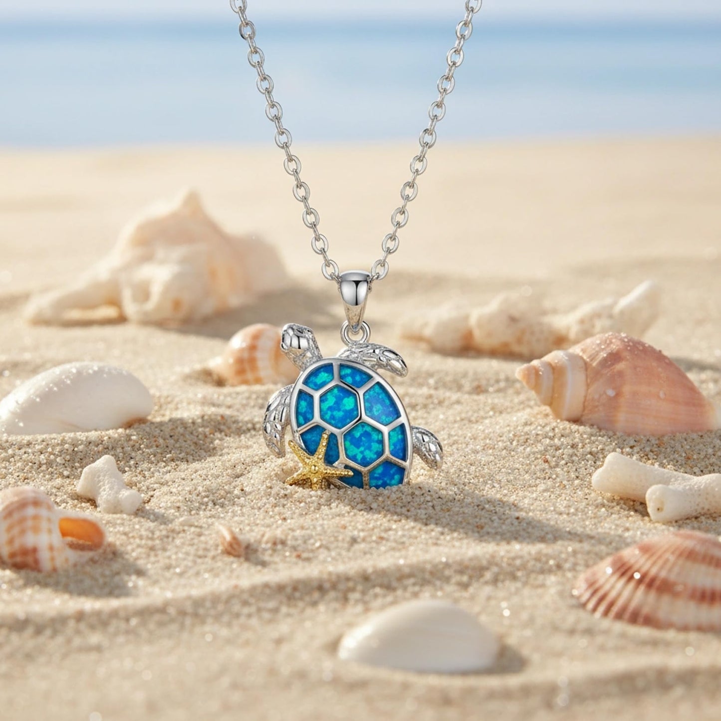 HKPATOP Sea Turtle Necklace 925 Sterling Silver Blue Opal Starfish Pendant Necklace Beach Ocean Turtle Jewelry Gift for Women