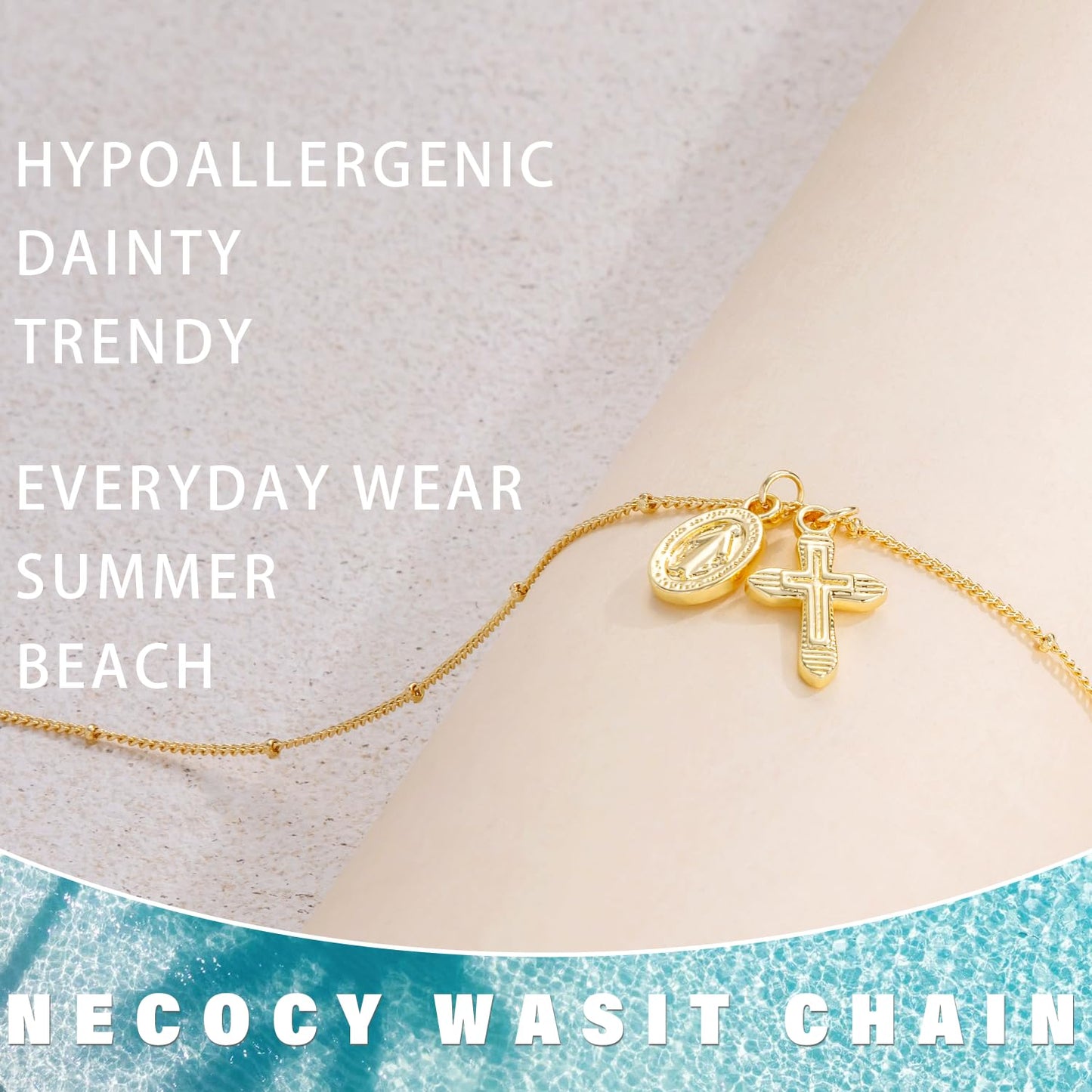 NECOCY Cross Waist Chain for Women, Trendy 14K Gold Plated Belly Belt Beads Chain Adjustable Waterproof Sexy Layered Beach Satellite Body Chain Summer Bikini Jewelry Accessories for Women