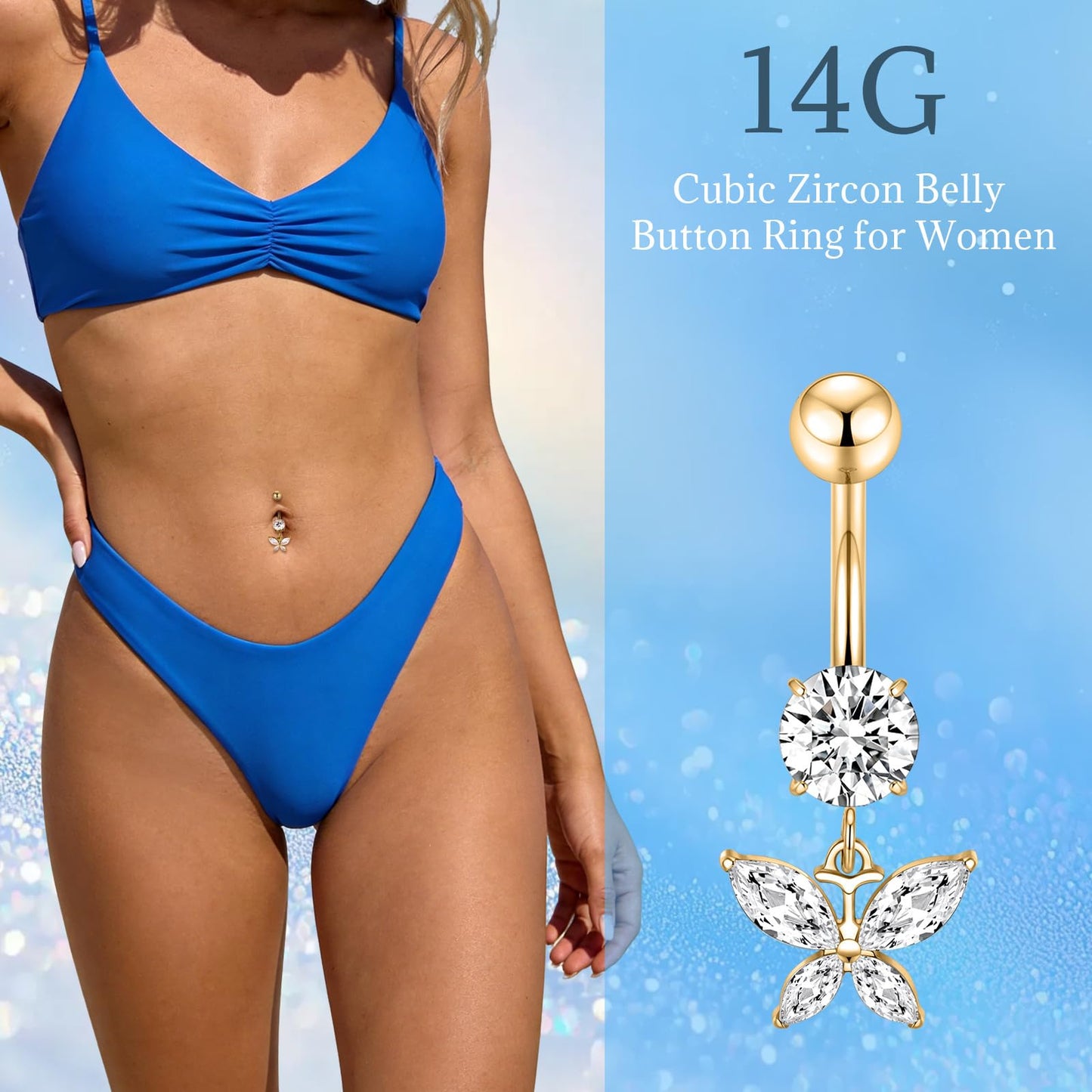 PEAKLINK 14G Belly Button Ring 10mm Dangle Belly Jewelry Gold Internally Threaded Navel Ring for Women Titanium Curved Belly Barbell with Butterfly CZ Navel Bars