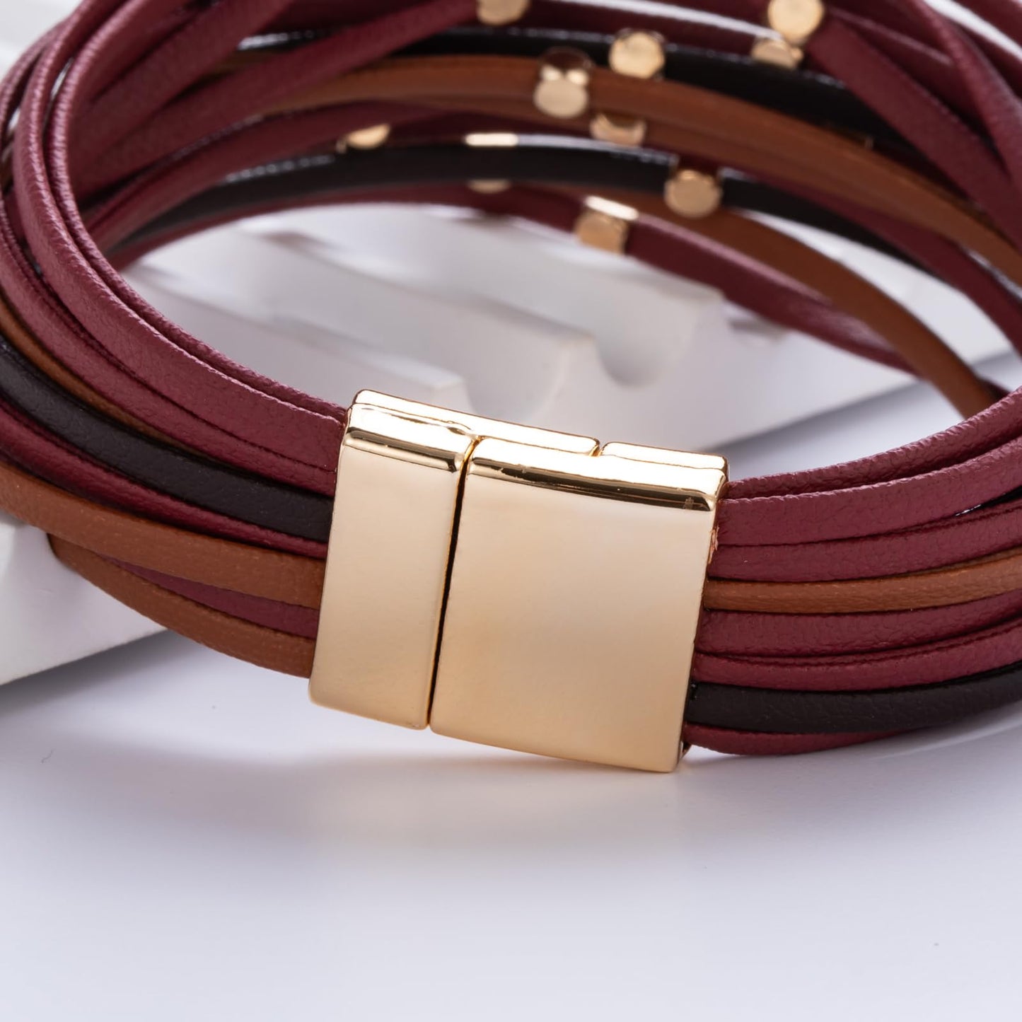 FANCY SHINY Beaded Leather Wrap Bracelets Cute Boho Stackable Bangle Cuff with Magnetic Clasp Layered Trendy Jewelry for Women(Burgundy)