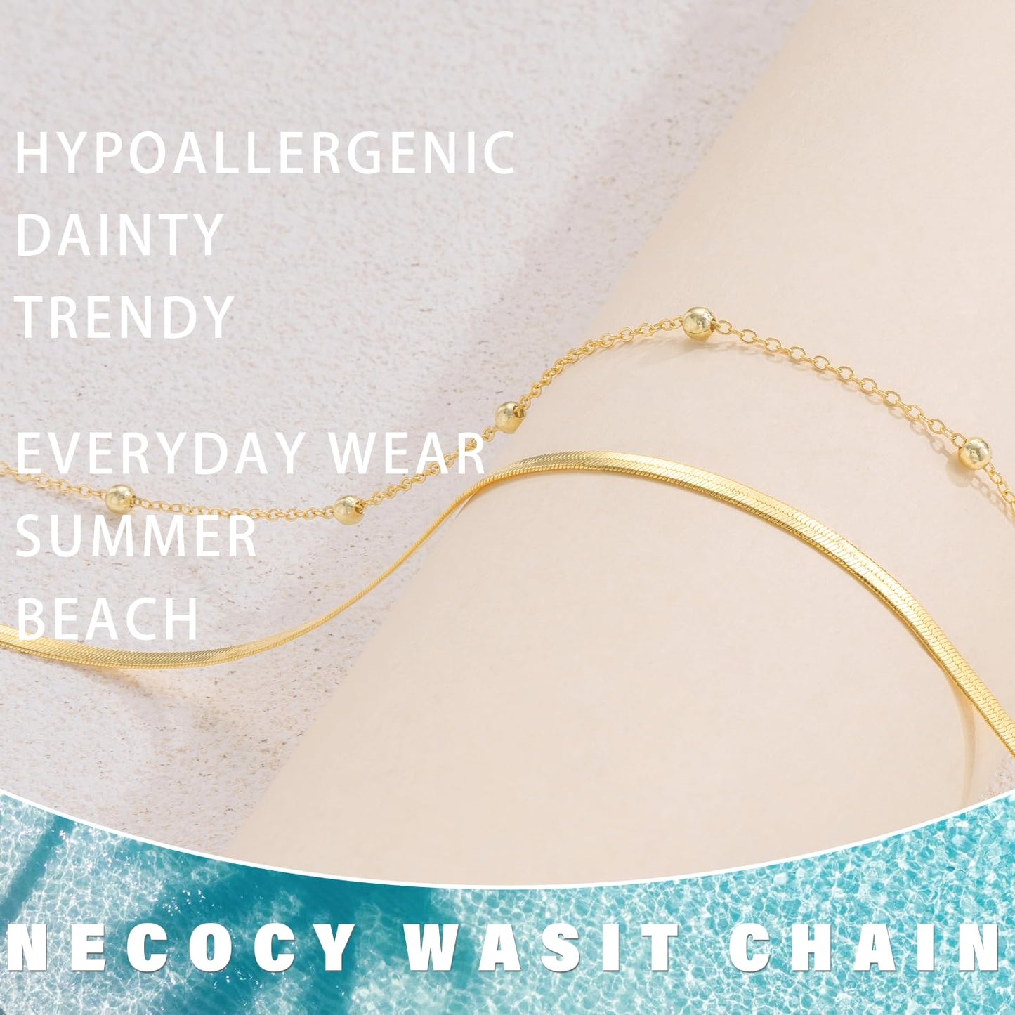 NECOCY Layered Waist Belly Body Chain for Women Trendy, 14K Gold Plated Snake Beaded Body Chain Belt Waterproof Adjustable Fashion Summer Beach Body Jewelry Accessories for Women Vacation Party
