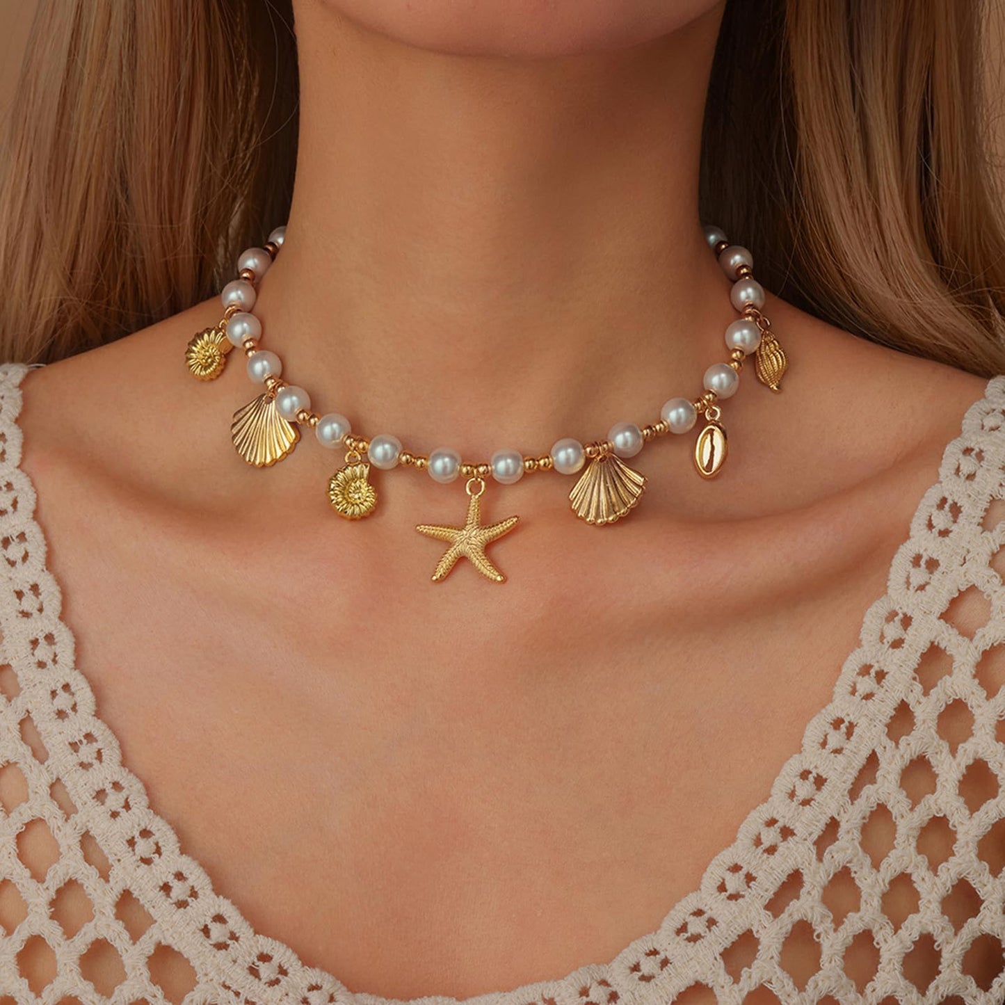 Seashell Charm Necklace for Women, Gold Starfish Beach Jewelry Coastal Vacation Outfits Accessories Summer Dresses Trendy 2026