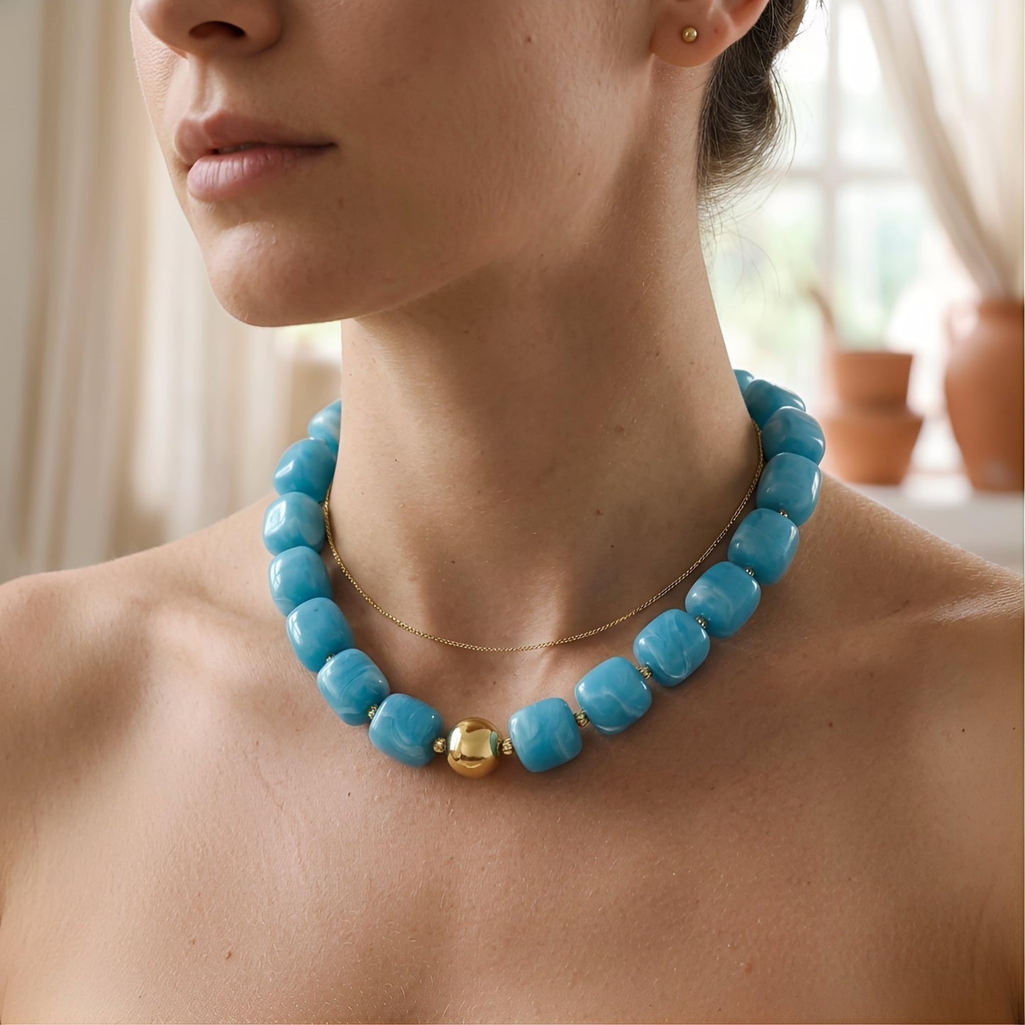BREPINE Light Blue Chunky Necklaces for Women Multicolored Large Square Resin Beads Necklace Trendy Bold Statement Beaded Summer Candy jelly Vacation Choker