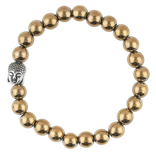 CRYSTALINES Buddha Charm Stretchable Braceclet, Natural Golden Pyrite Gemstone Beads, Plain Round Stones, Handmade Boho Strech Bracelet, Adjustable Spiritual Healing Crystal Unisex Jewelry Gift