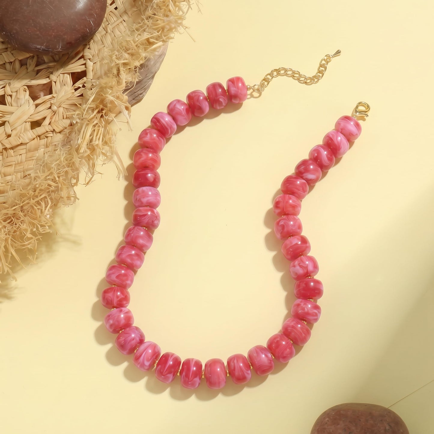 Badu Rose Pink Chunky Beaded Necklace for Women Boho Bead Choker Necklace Summer Fashion Trendy Jewelry Gift