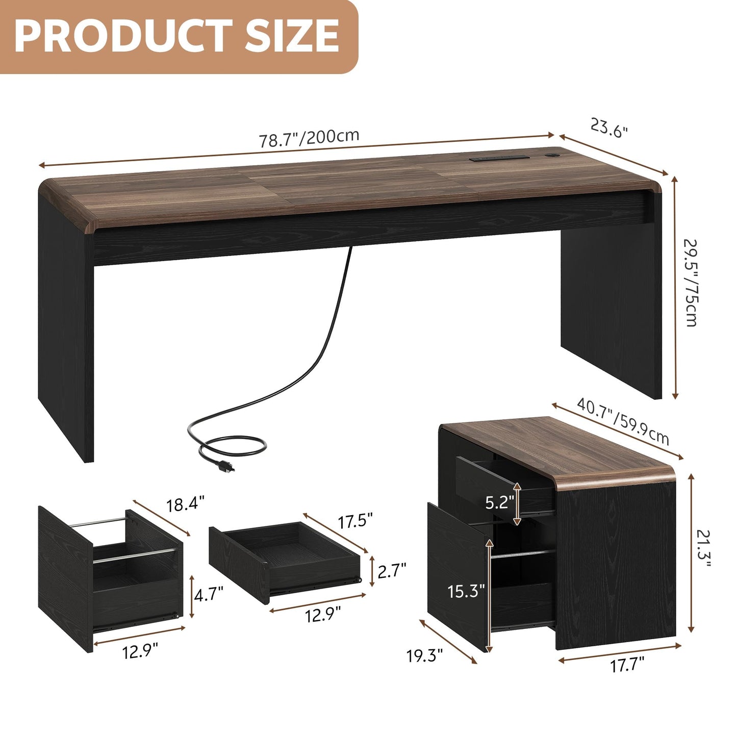 Homiflex Mid-Century Modern 78" L-Shaped Executive Desk with Independent Mobile File Cabinet, Large Home Office Desk with Drawers and 4 AC + 2 USB Power Outlets, Waterfall Edge Design, Black & Walnut