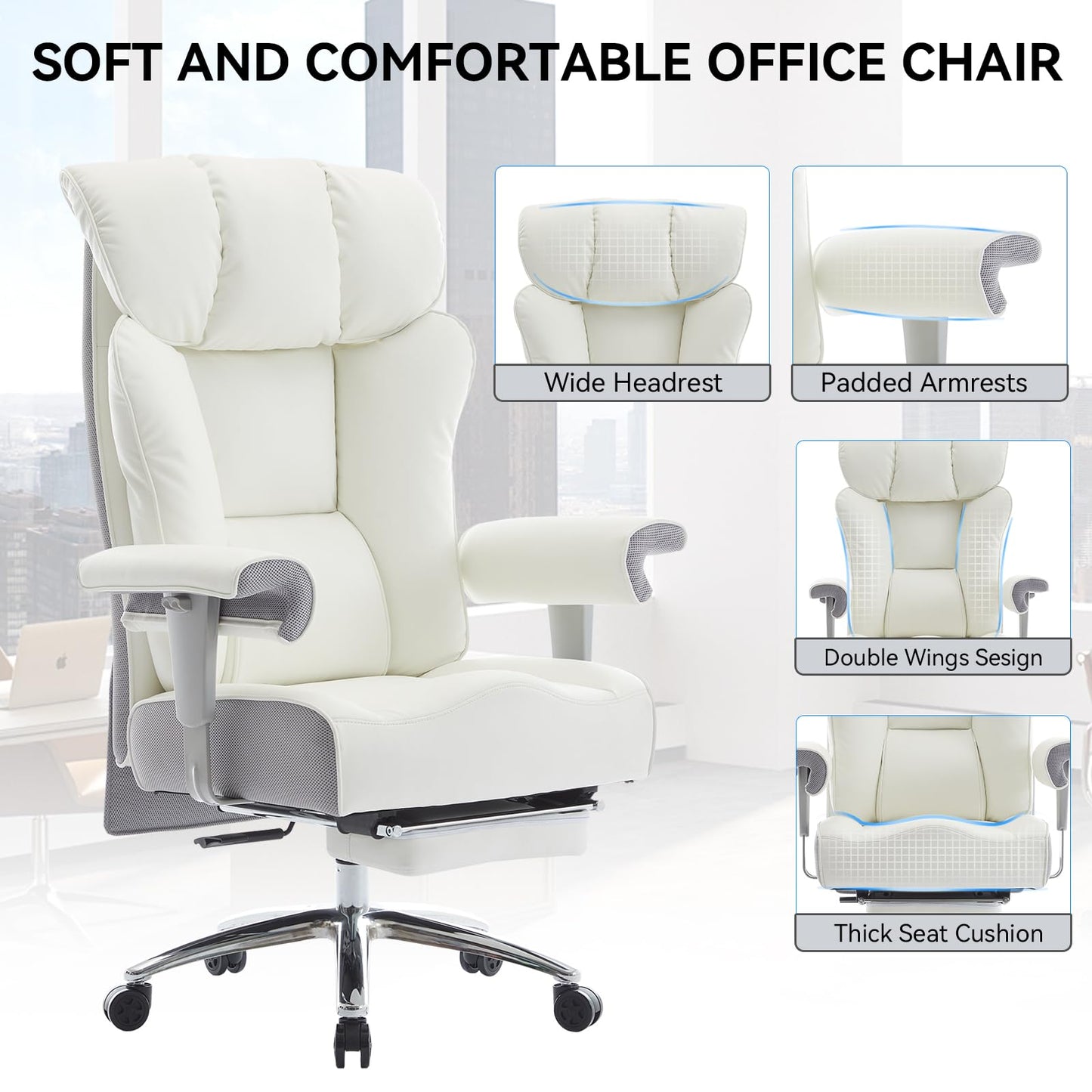 Efomao Big and Tall Office Chair 400lbs - Heavy Duty Executive Desk Chair with Foot Rest & 23" Wide Seat - High Back Ergonomic Leather Computer Chair for Heavy People, Home Office, White