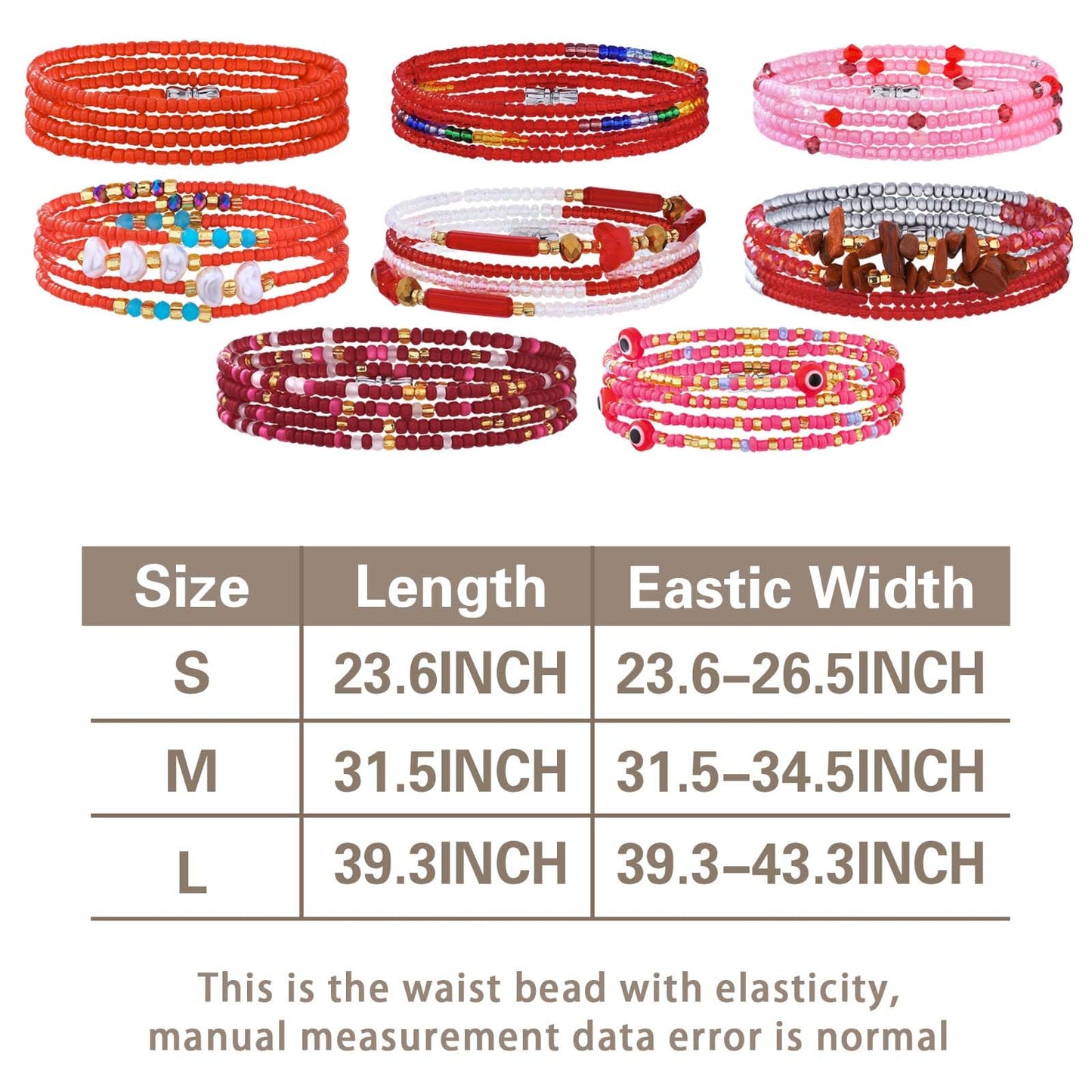 ELABEST Adjustable Handmade Waist Beads Stretchy 23-52 inch 8Pcs Chakra Body Belly Beaded Women Waist, Anklet, Bracelet, Necklace Jewelry with Screw clasp (Red, 39.3inch/100cm)