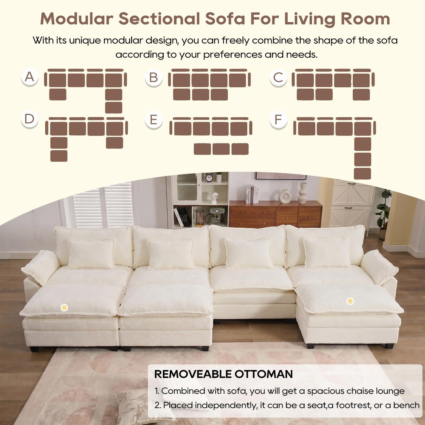 IPKIG 154" Modular Sectional Sofa, Chenille C-Shaped Sectional Couch Comfy Upholstered Seat Sofa with Ottoman, Deep Seat Cloud Couch Sofa for Living Room, Beige