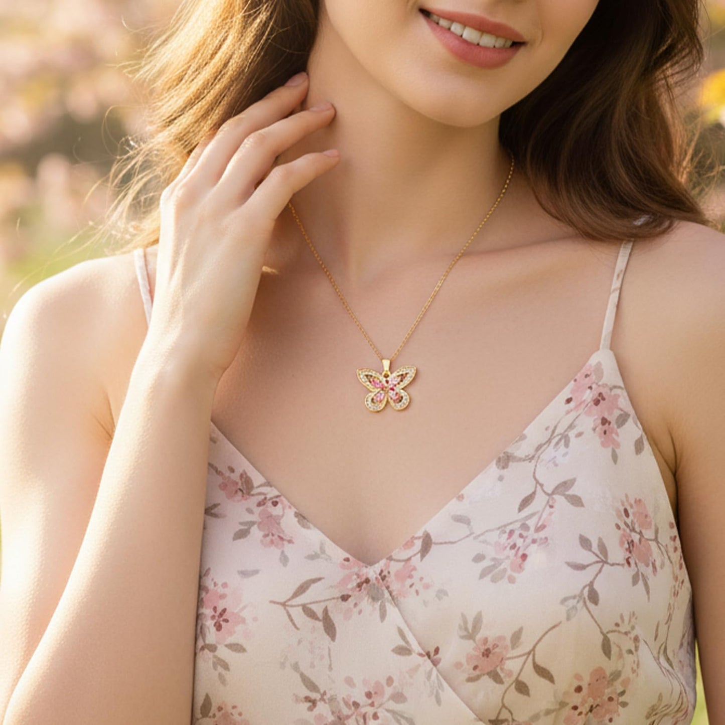 crataly Rose Quartz Butterfly Necklace For Women-Gold Plated October Birthstone Necklace For Valentine's Day Mother's Day Christams Birthday Gifts