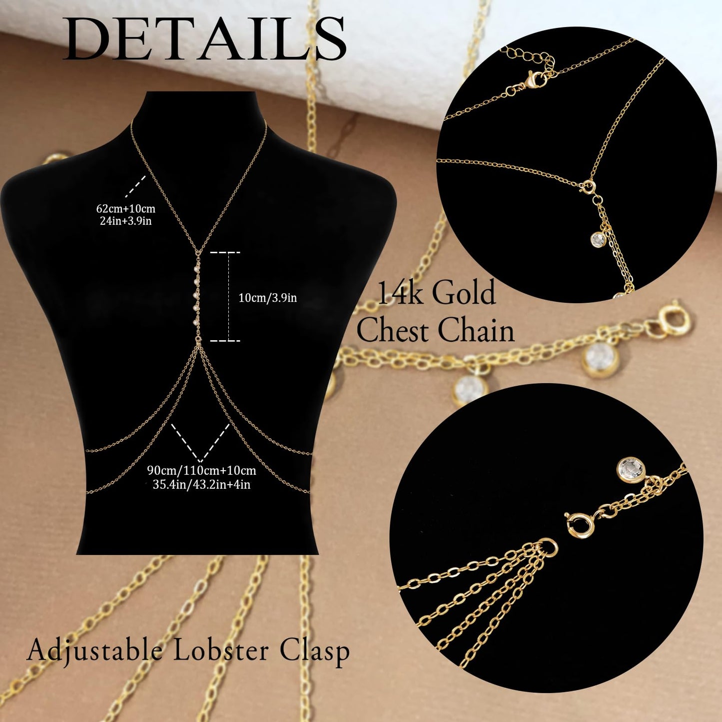 HERIER 14K Gold Plated Body Chain for Women Layered Rhinestone Chain Adjustable Sexy Beach Body Jewelry Belly Waist Chain Jewelry for Women Gifts