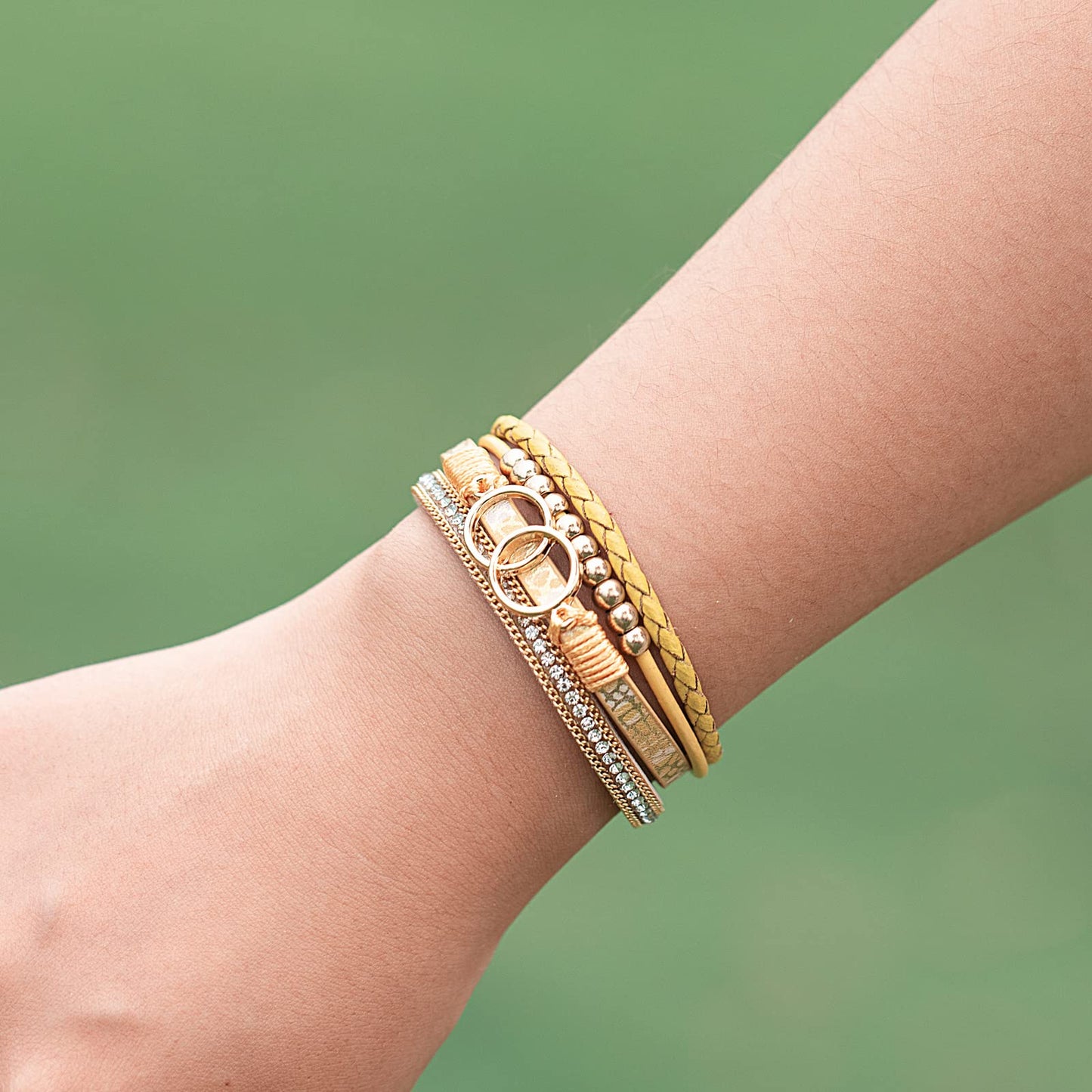 FANCY SHINY Boho Leather Wrap Bracelet Stackable Beaded Infinity Chunky Cuff Bracelets with Magnetic Clasp Western Hippie Outfits Jewelry Gifts for Women(Yellow)