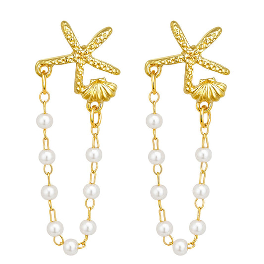 Seashell Starfish Earrings Beach Jewelry for Women Gold Chain Pearl Drop Shell Earrings Set for Summer Vacation Tropical Beachy Accessories