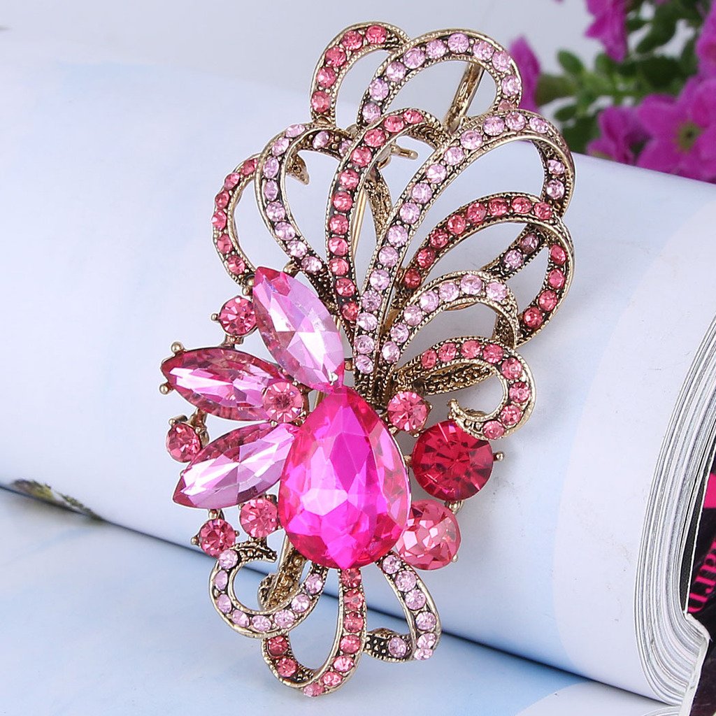 EVER FAITH Antique Gold-Tone Austrian Crystal Flower Ribbon Teardrop Brooch Pendant Pink