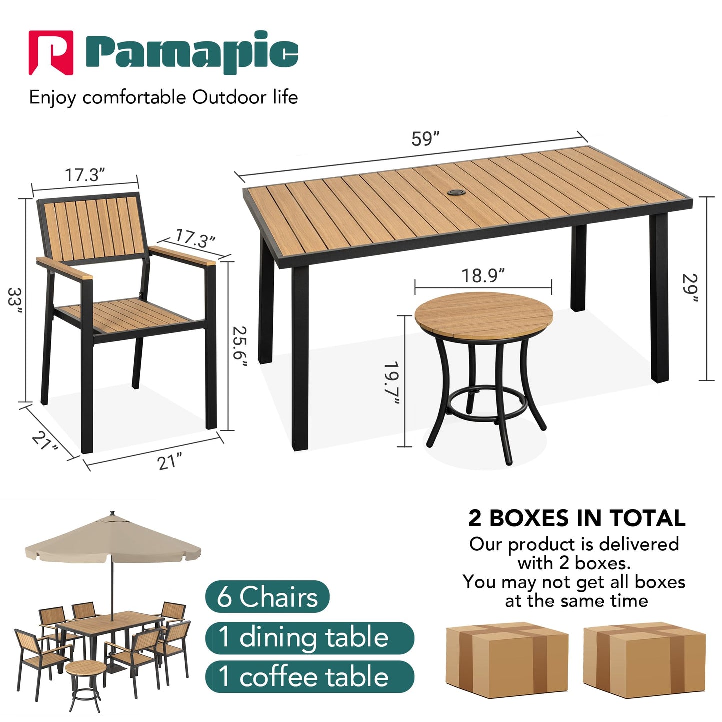 Pamapic 8-Piece Patio Dining Set，Outdoor Aluminum Furniture Set with Plastic-Wood Table Top,Outdoor Furniture Set with 6 Outdoor Stackable Chairs for Patio Garden Poolside (Teak)