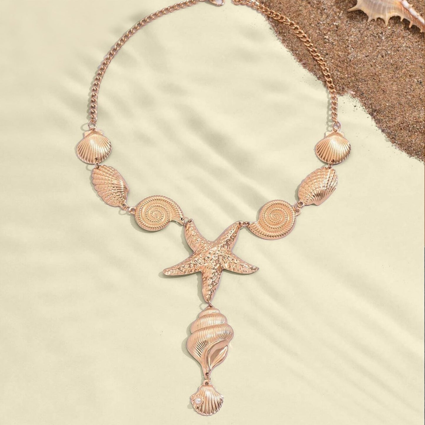 JAGWQRK Starfish Seashell Necklaces for Women Boho Y-Shaped Big Seashell Conch Pendant Necklace Statement Summer Beach Holiday Party Present Jewelry