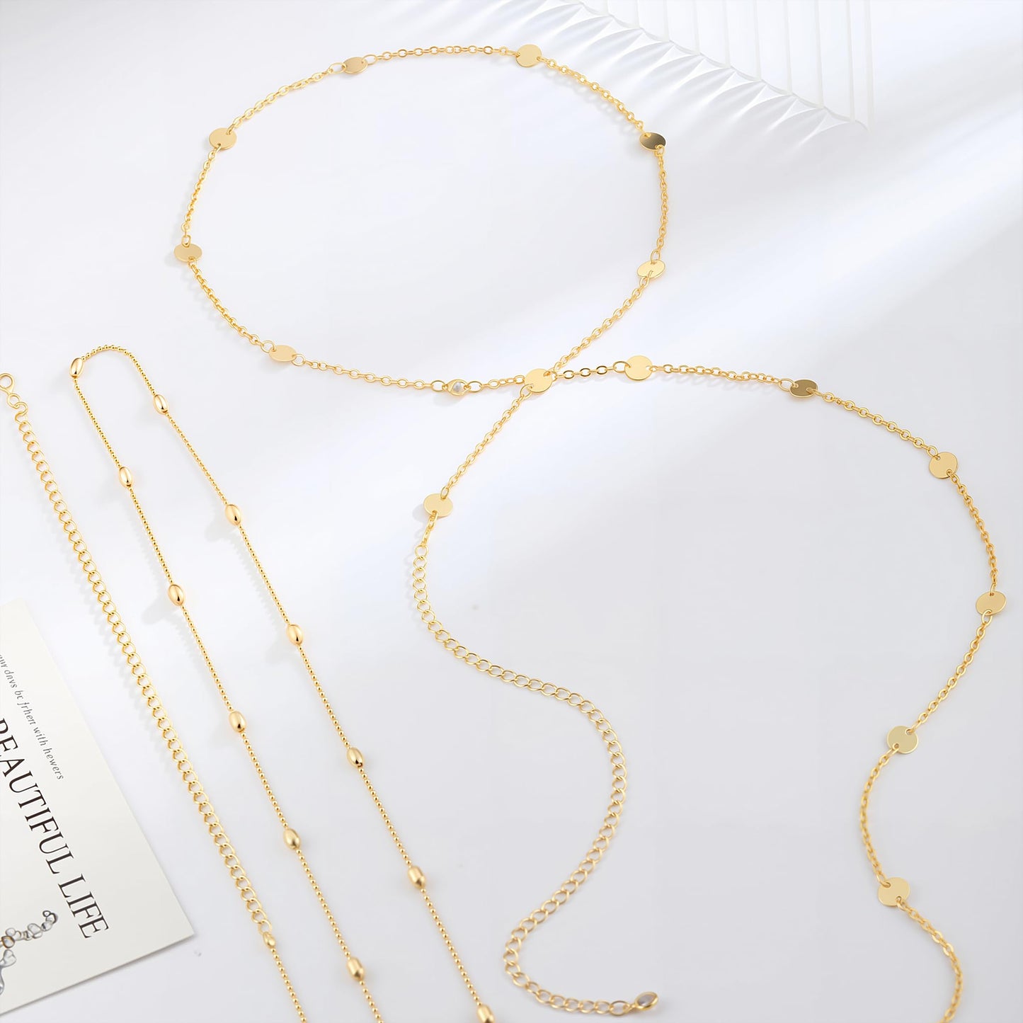 Sargetou Gold Waist Chain for Women Waterproof,14k Gold Plated Beaded Sequin Body Jewelry Chains Sexy Bikini 2PCS Belly Belt Beach Summer Gift Adjustable 26.5-33Inch