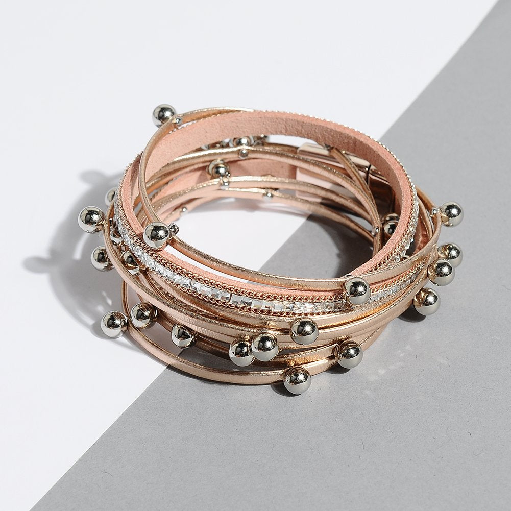 Artilady Leather Wrap Bracelet for Women - Handmade Clasp Bangle Bracelet with Pearl Beads Crystal Wristbands Jewelry Gift for Ladies and Mother