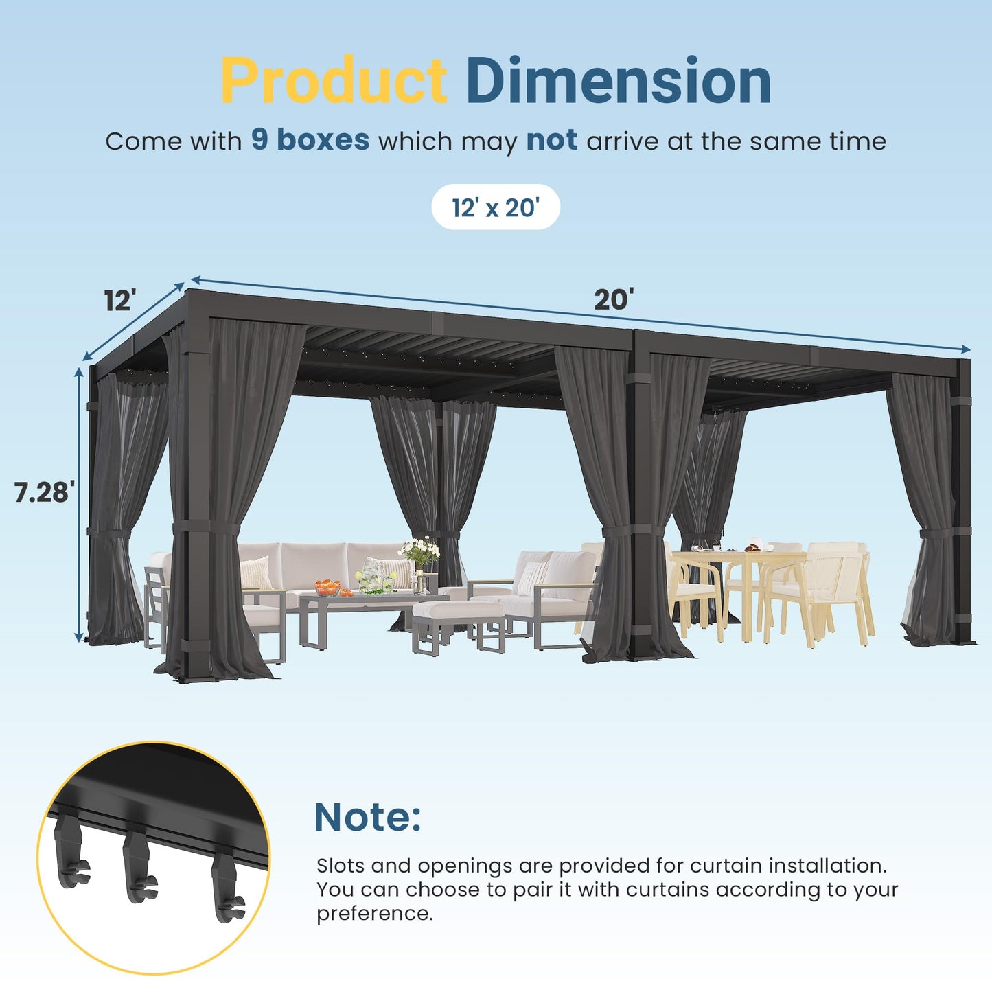 12' x 20' Louvered Pergola, Metal Outdoor Pergola with Adjustable Louvered Roof, Curtains & Netting, Gutter System, Hardtop Patio Gazebo for Patio, Deck, Garden, Yard, Dark Gray