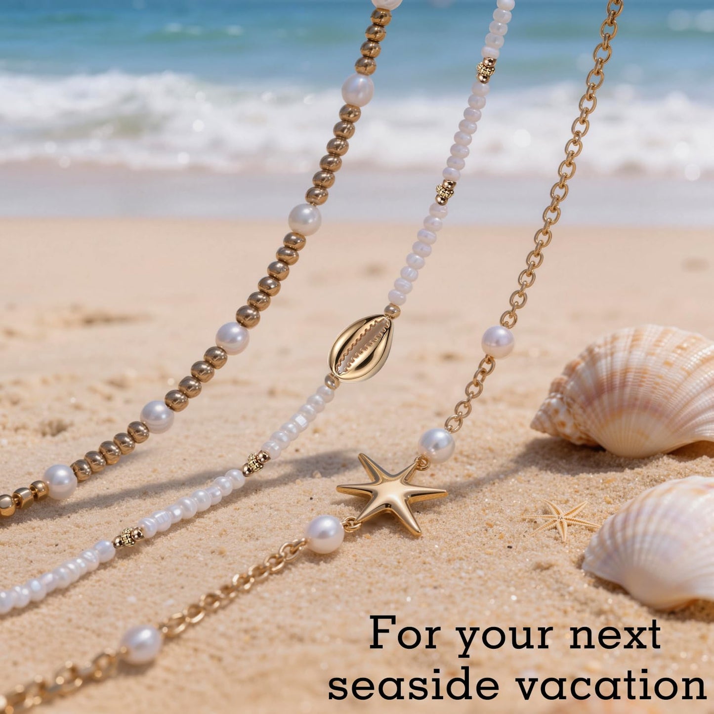 VOJO Starfish Seashell Necklace for Women, 3 Layers Stacked Summer Beach Necklaces, Colorful Polymer Clay Pearl Jewelry, 18K Gold Plated Tropical Hawaii Vacation Accessories, Tarnish Resistant Gifts (Pearl shell + starfish)