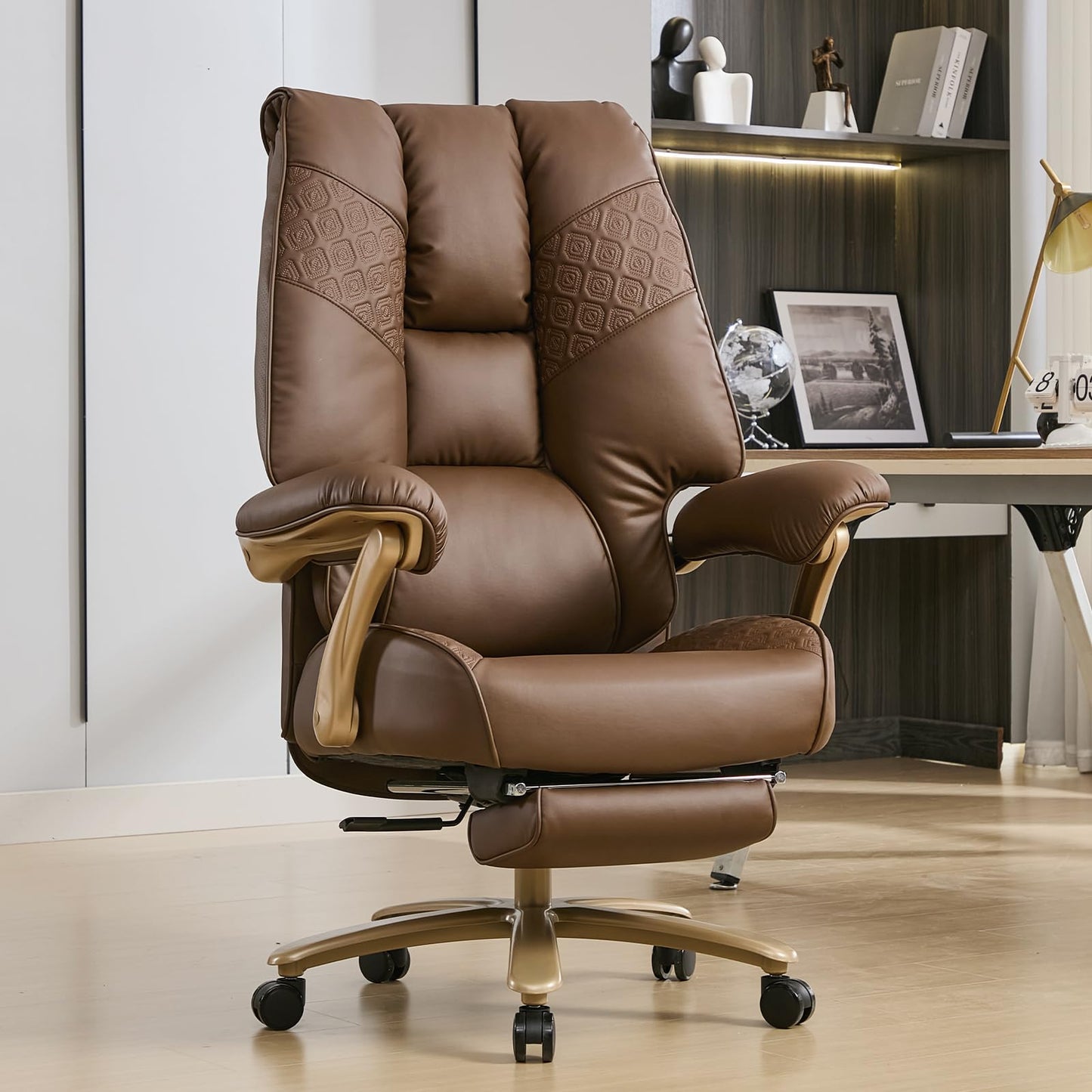 EXCEBET Big and Tall Executive Office Chair with Footrest, 400LBS Capacity Ergonomic High-Back Desk Office Chair with Lumbar Support, Padded Armrests & Thick Cushion, Brown PU Leather Chairs