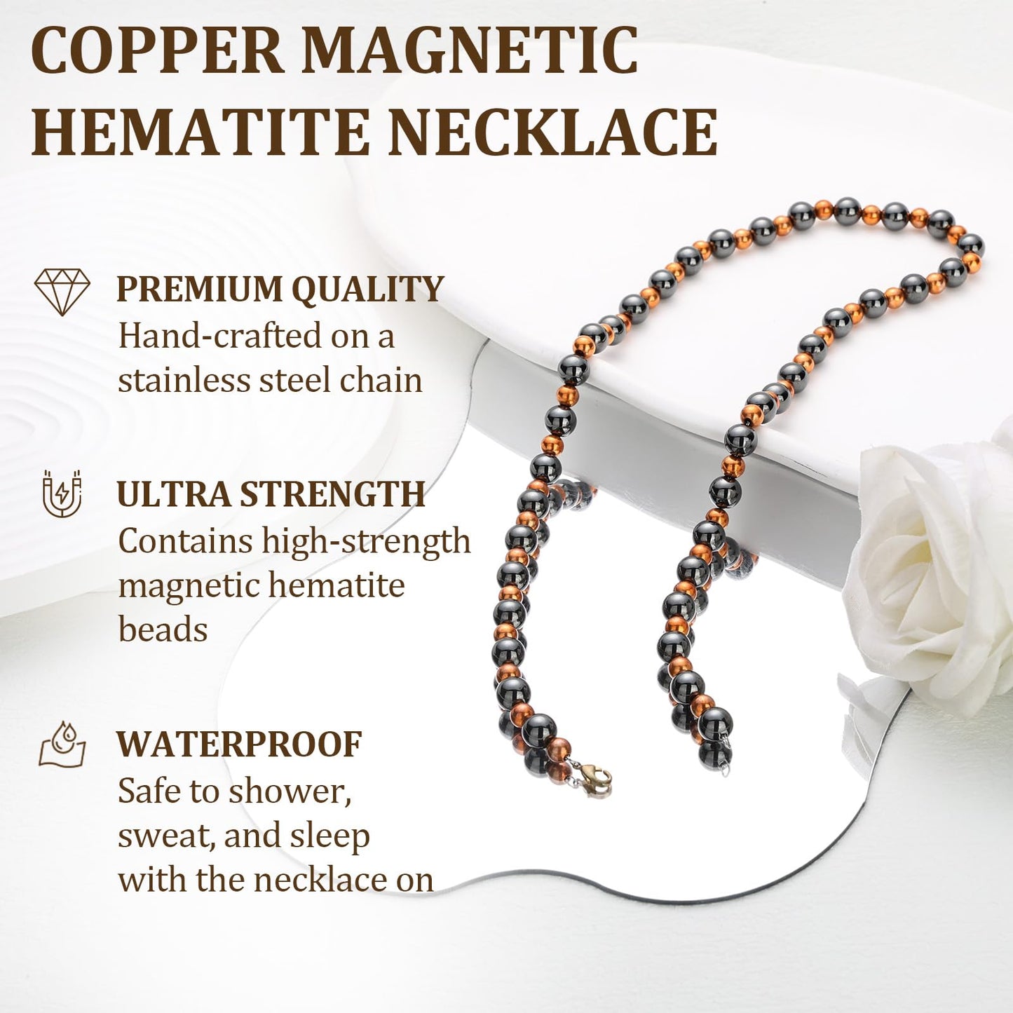 Fashtour Magnetic Hematite for Men and Women, 8MM and 6MM Magnetic Hematite with 6MM and 4MM Pure Copper, 53CM Handmade Energy (CN-Large)