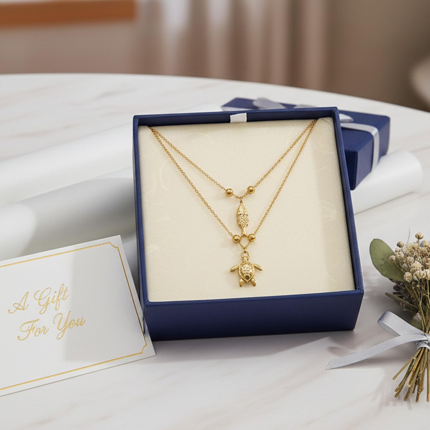 GLUBU Fish Turtle Necklace Set Summer Jewelry for Women Stainless Steel Beach Necklace Ocean Themed Pendant Layered Chain Gift Non Tarnish Summer Necklaces for Sea Lover