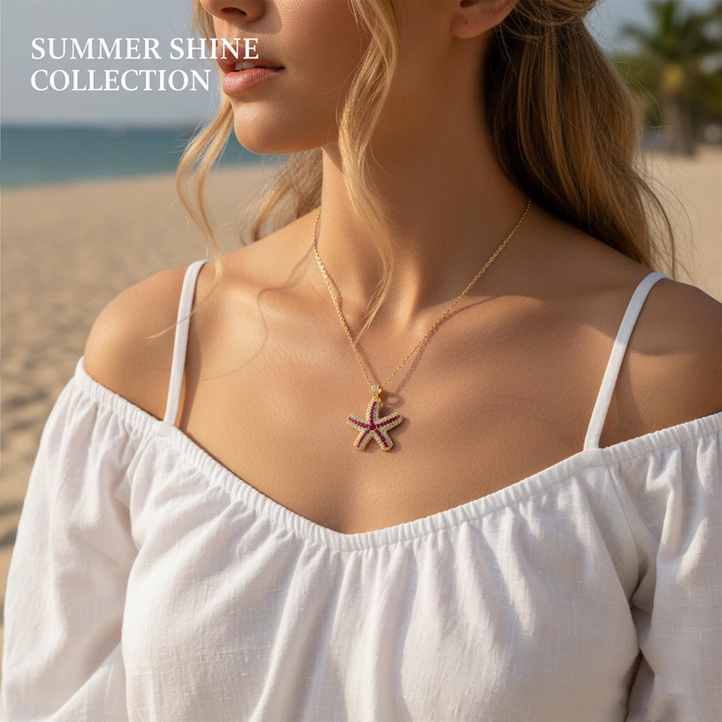 crataly CZ And Ruby Starfish Necklace For Women-Gold Plated July Birthstone Necklace Valentine's Day Mother's Day Christams Birthday Gifts