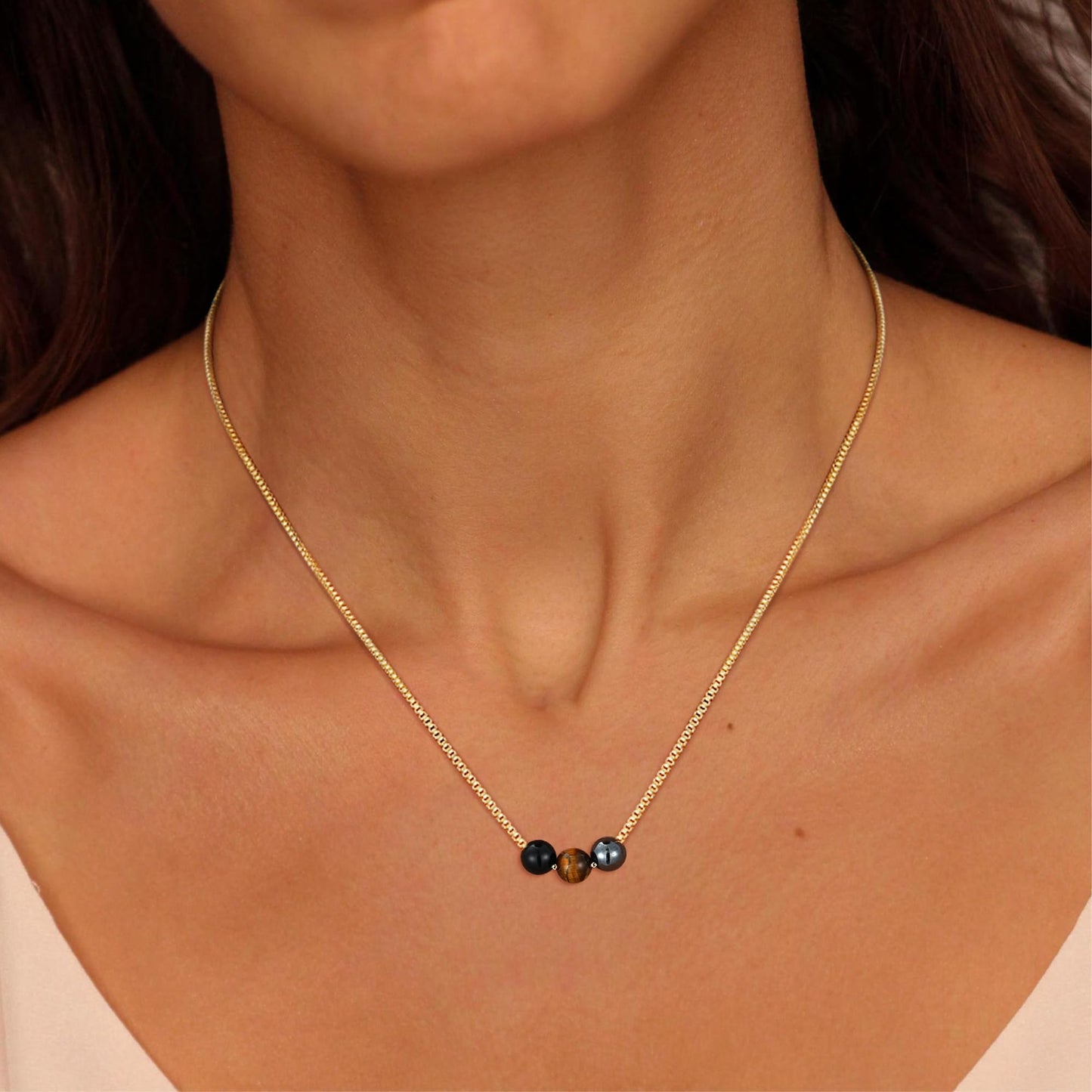 Suarlly Healing Crystal Necklace for Women 14k Plated Gold Beaded Necklace Tiger Eyes Anxiety Relief Triple Protection Gifts for Friends Sister Mom Daughter Jewelry