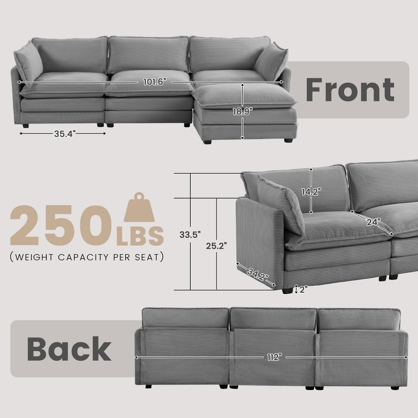 ROWHY 112'' Modular Sectional Cloud Couch with Movable Ottoman, 4 Seat Modern Corduroy Sofa with 2 Throw Pillows, Comfy Deep Seat L Shaped Couches for Living Room Bedroom Apartment, Dark Grey