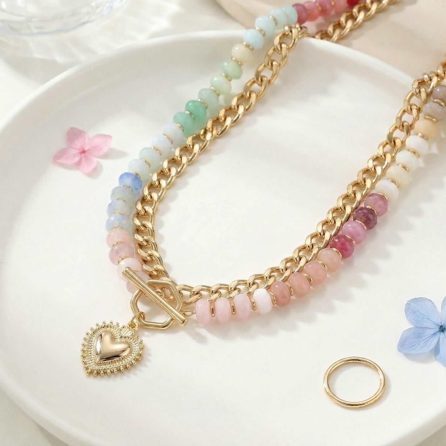 Frigotine Chunky Heart Necklace for Women, Pastel Blue Pink White Resin Beaded Choker with Gold Puffy Heart Pendant, Double Layer Chain Layered Statement Jewelry Gift