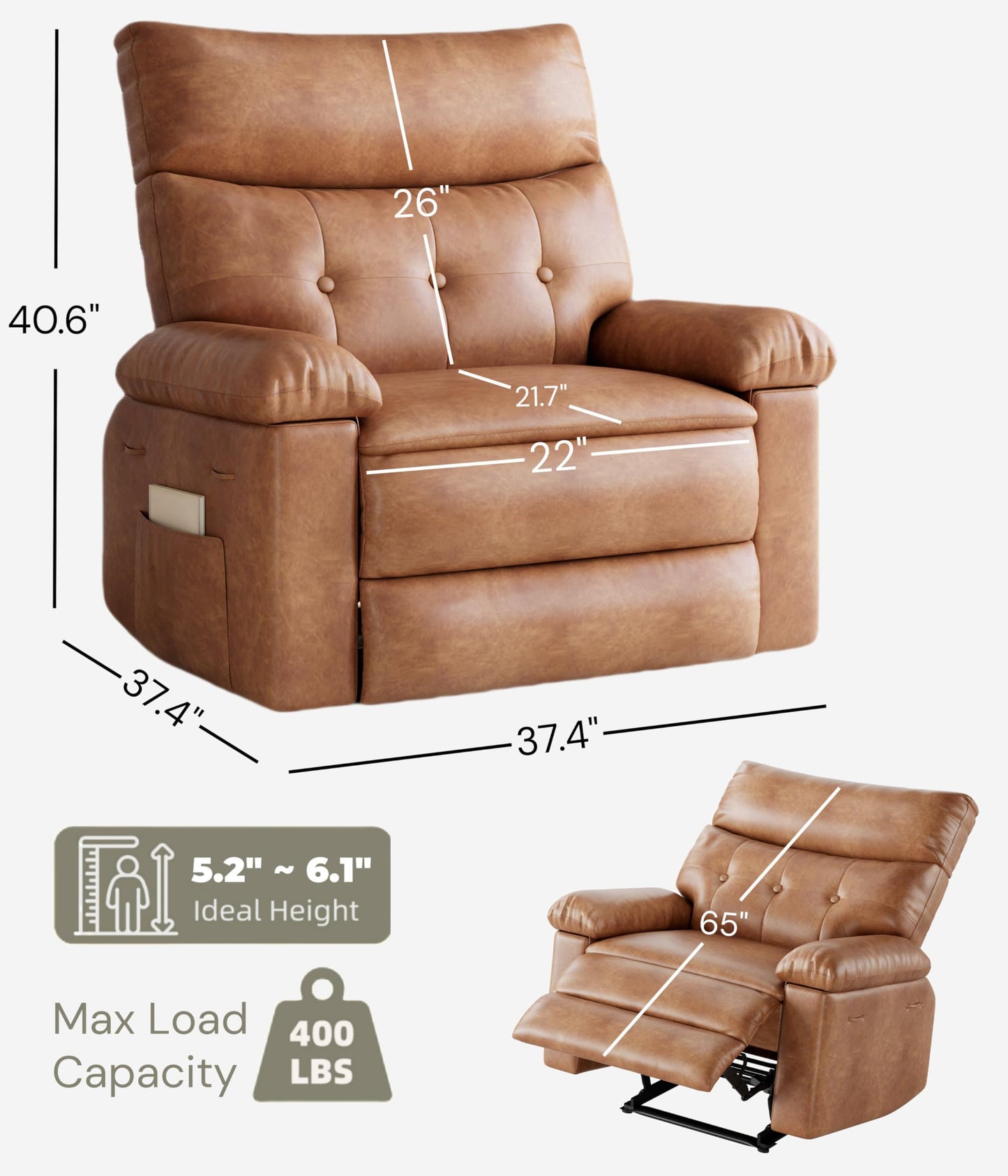 GarveeHome Recliner Chair - PU Leather Manual Recliner for Adults, Lazy Chair with 1.5X Sponge Comfort Arm and Back for Living Room, Bedroom