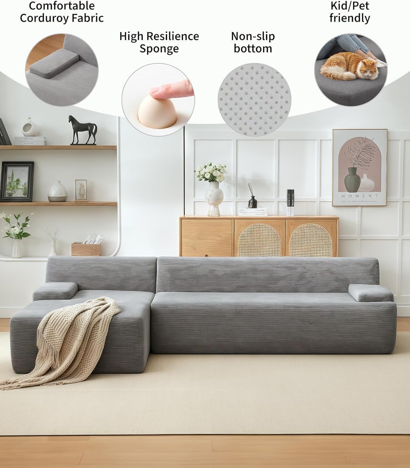 MilleLoom 108" Sectional Couches for Living Room, Modular Sectional Sofa with L-Shape Chaise, Ultra Soft Corduroy L Shaped Couch Bed,Perfect Comfy Couches for Living Room, No Assembly Required