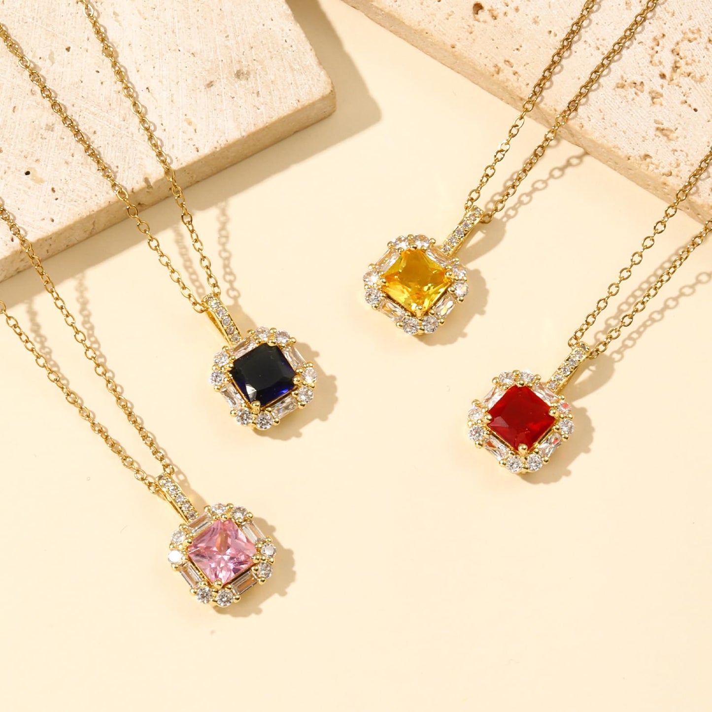 Pink Square Rose Quartz Necklace for Women-Gold Plated October Birthstone Healing Crystal Necklace For Valentine's Day Mother's Day Christmas Birthday Gifts