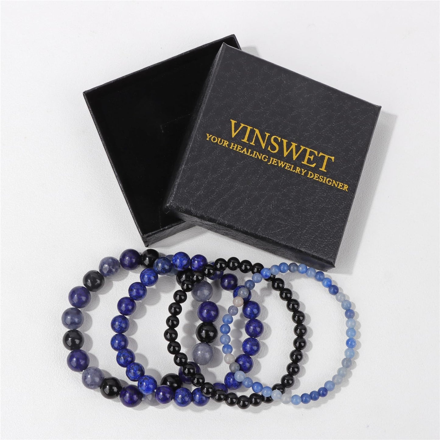 Vinswet 4pcs Beaded Bracelets for Women, Natural Healing Crystal Gemstones, Anxiety Stress Relief Bracelet Handmade Jewelry, 7.48in, Stone, no gemstone, Blue Aventurine&Black Obsidian&lapis lazuli