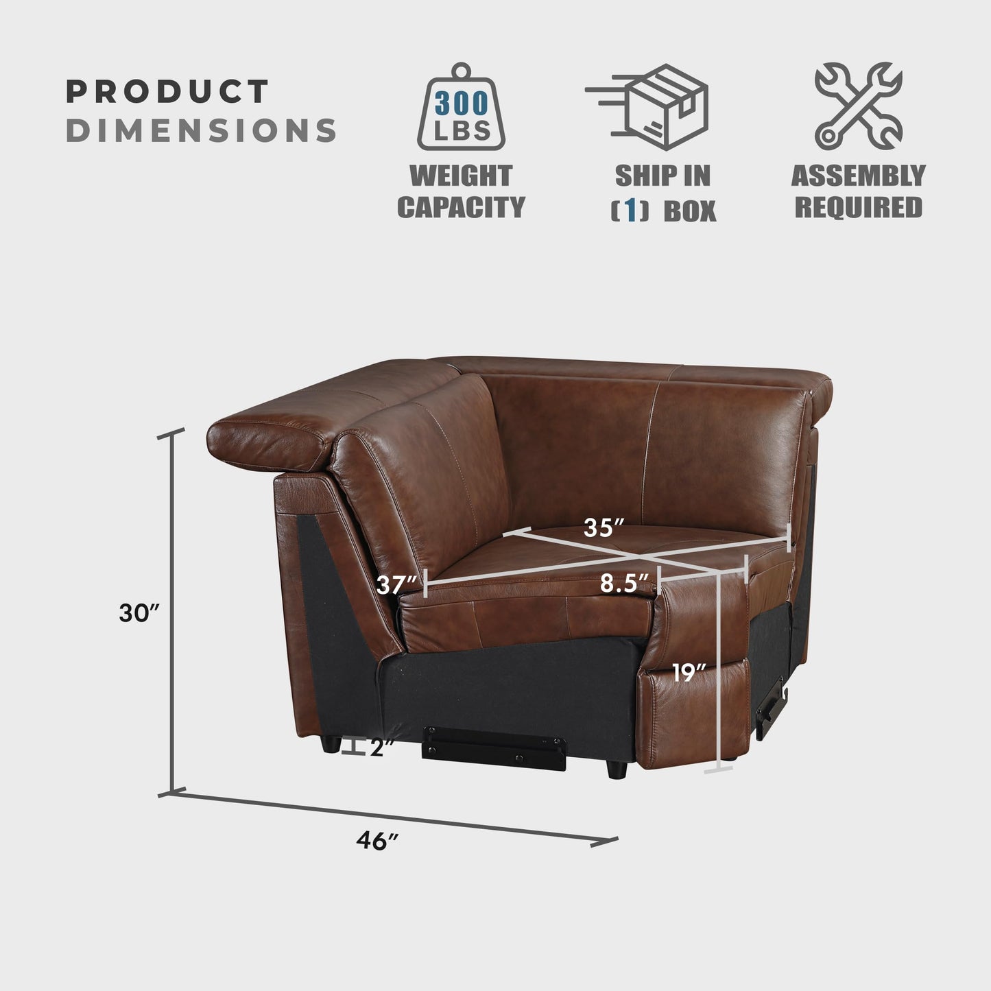 Lexicon 100% Leather Modular Sectional Couches for Living Room, Module for Sectional Couch, Leather Upholstered Corner Seat, Durable Frame, High Density Foam Cushion, Brown