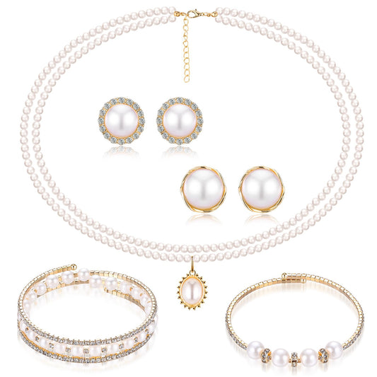 Glenmal Pearl Rhinestone Jewelry Set for Women Pearl Necklace Bracelet Earrings for Wedding Birthday Bridal Shower Tea Party(Delicate Style)