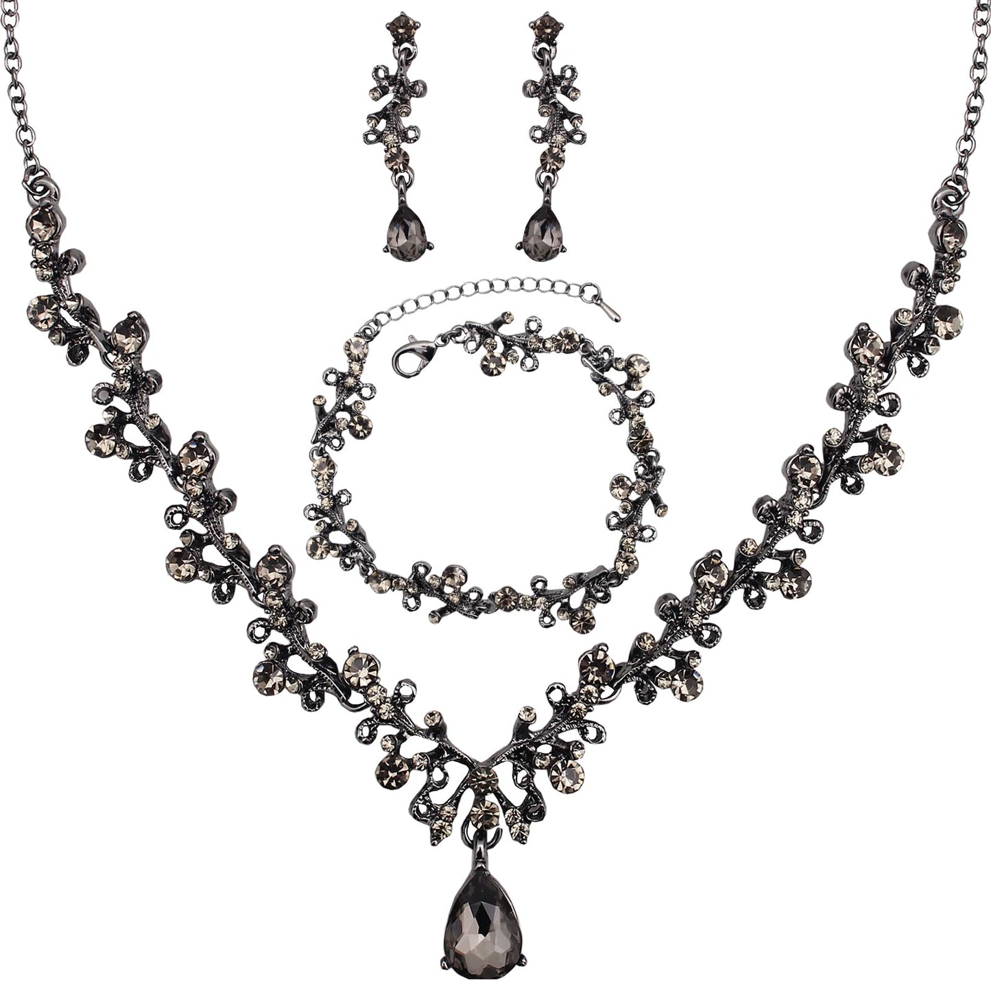3Pcs Austrian Crystal Jewelry Set for Women, Necklace Dangle Earrings Link Bracelet Jewelry Set with Gold/Platinum/Gun Plated, Wedding Party Jewelry for Bridal Bridesmaid (Black Diamond-Jet)