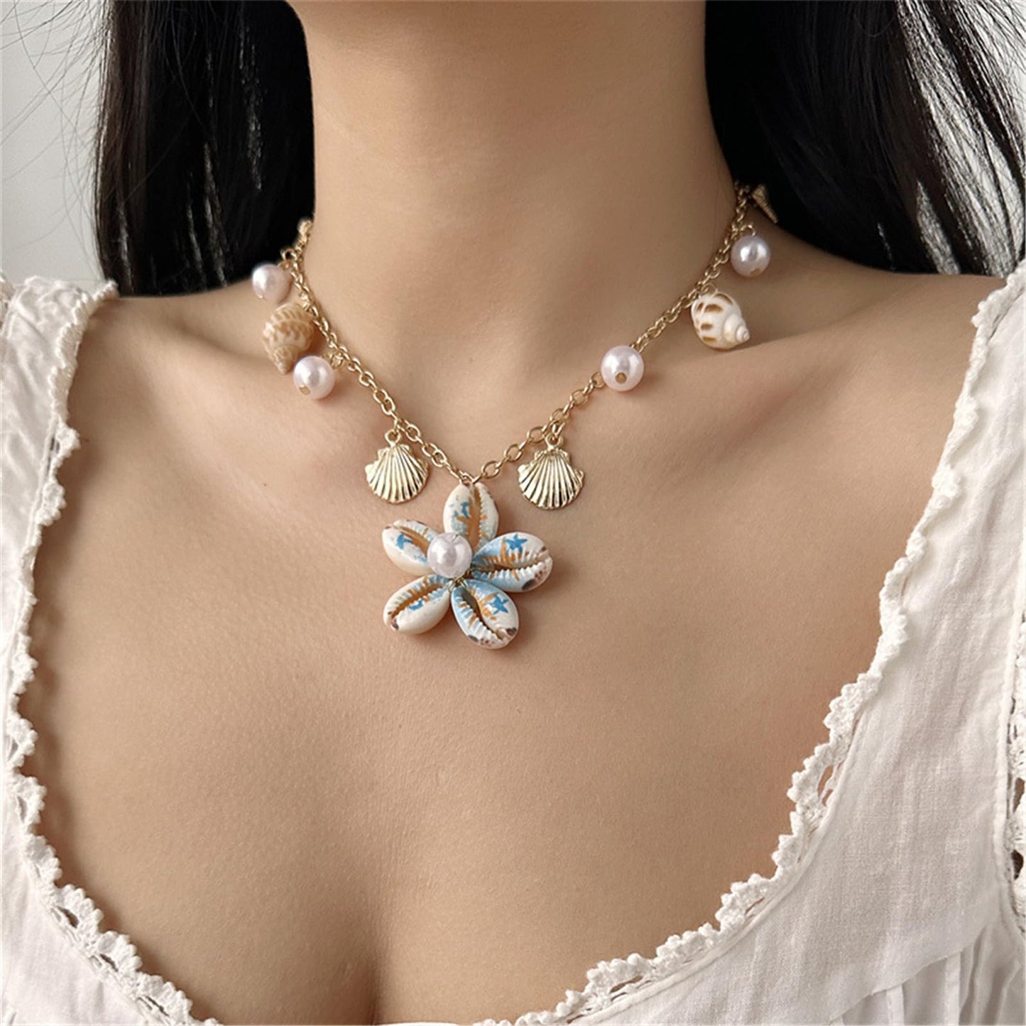 Seashell Flower Charm Necklace for Women Gold Plated Bohemian Starfish Sea Shell Cowrie Conch Floral White Pearl Ball Pendant Necklace for Ocean Summer Coastal Beach Holiday Outfits Trendy Jewelry (Blue)