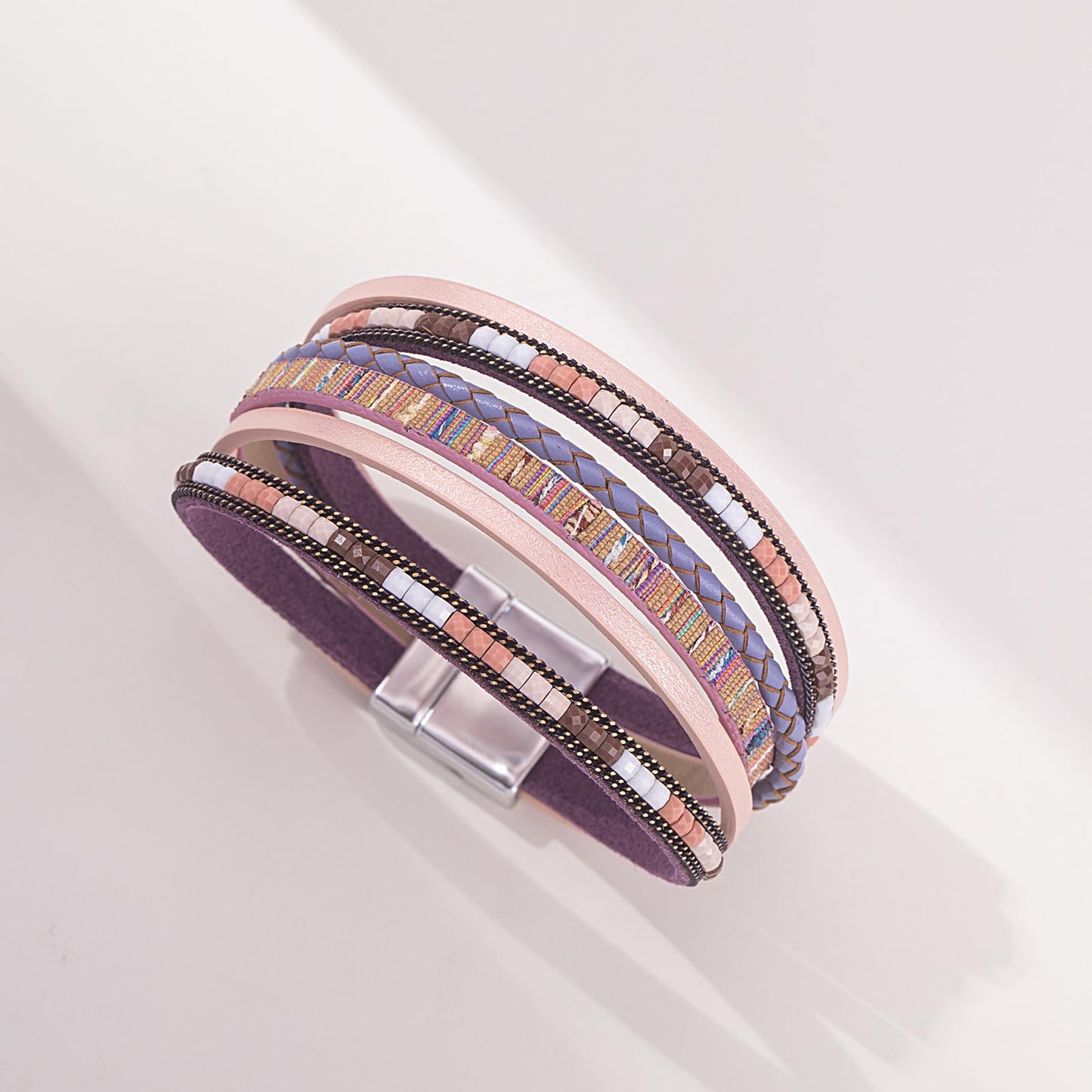 FANCY SHINY Boho Leather Wrap Bracelets Trendy Layered Bracelets with Magnetic Clasp Strackable Bohemian Cuff Jewelry Gifts for Women(Pink)