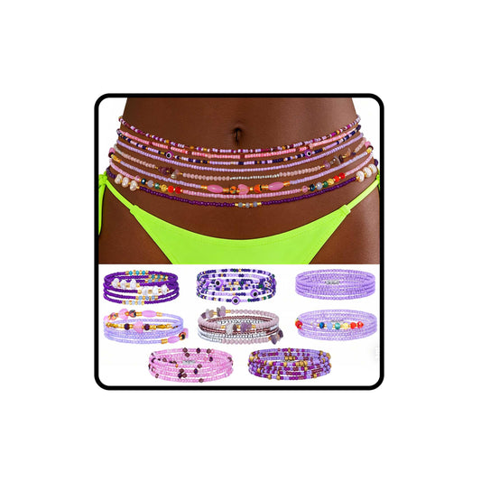 ELABEST Adjustable Handmade Waist Beads Stretchy 23-52 inch 8Pcs Chakra Yoga Body Belly Beaded Women Waist, Anklet, Bracelet, Necklace Jewelry with Screw clasp (Purple, 31.5inch/80cm)