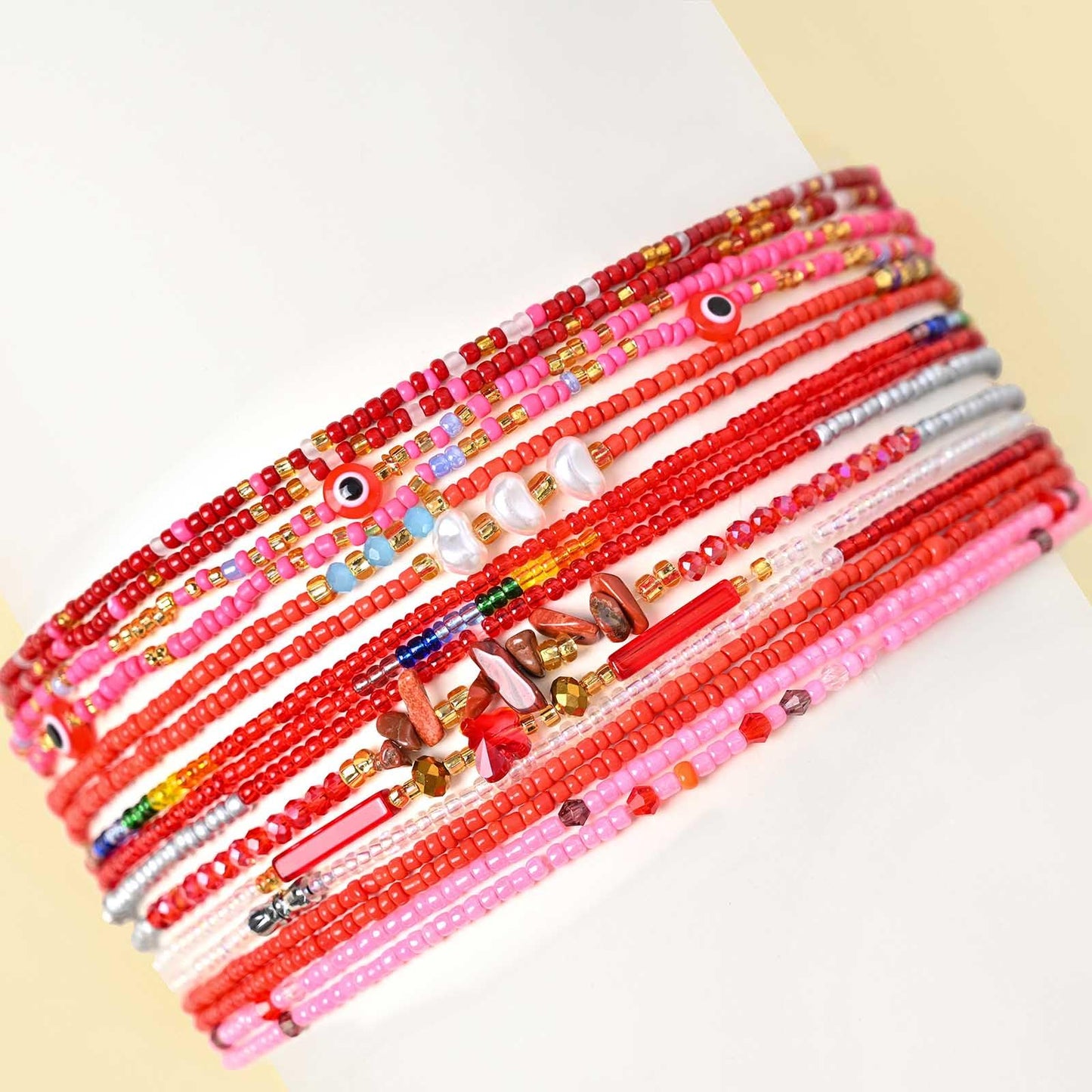 ELABEST Adjustable Handmade Waist Beads Stretchy 23-52 inch 8Pcs Chakra Body Belly Beaded Women Waist, Anklet, Bracelet, Necklace Jewelry with Screw clasp (Red, 39.3inch/100cm)