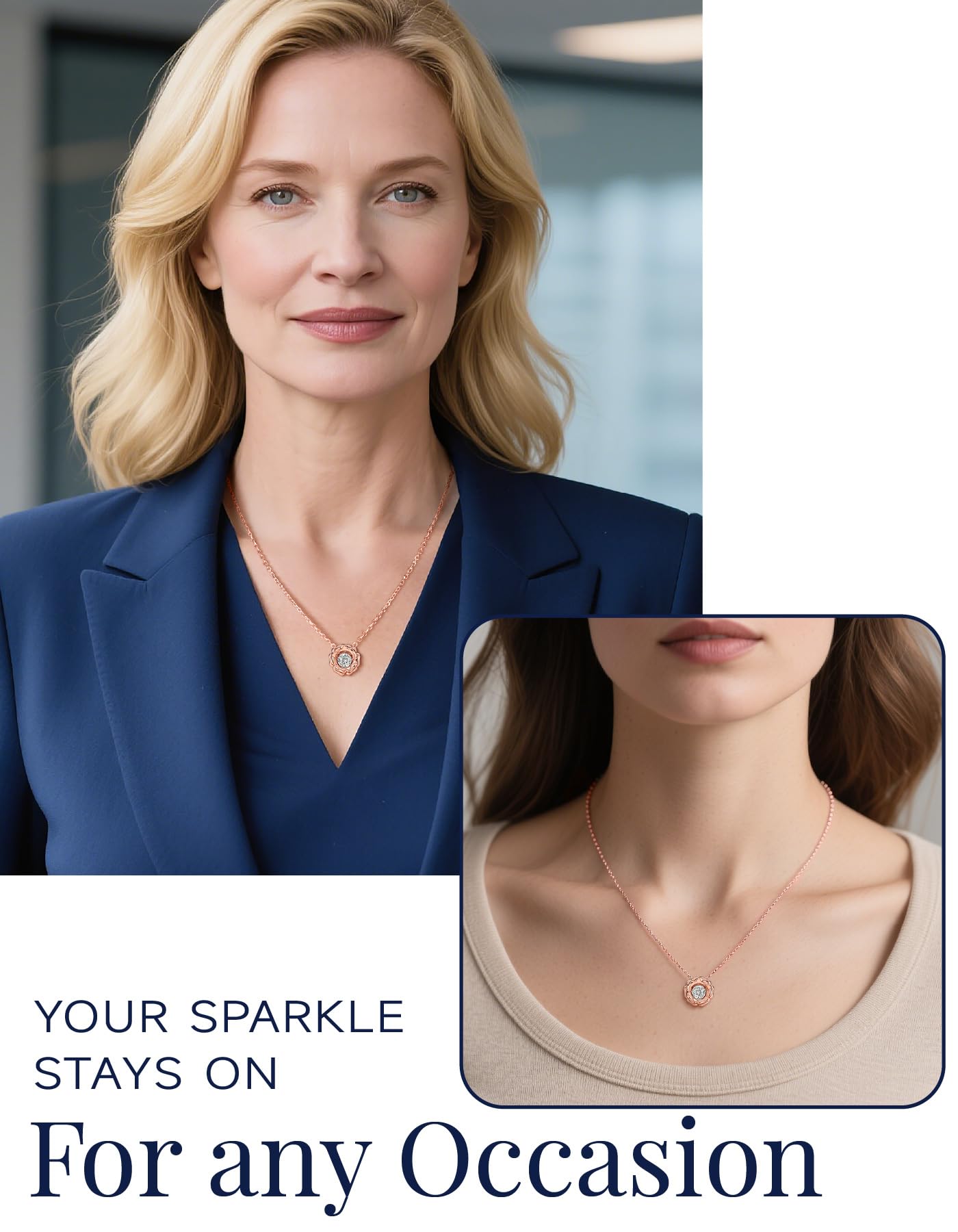 MomentWish Rose Necklace, Birthday Gift for Mom, 1 Carat Moissanite Necklace for Women with Moving Stone, 14K Rose Gold Plated 925 Sterling Silver Pendant, 18''+2 Extender