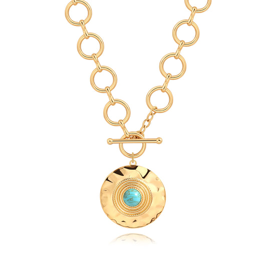 PEARLADA Chunky Gold Plated Large Pendant Necklace, Statement Coin Necklace with Toggle Clasp